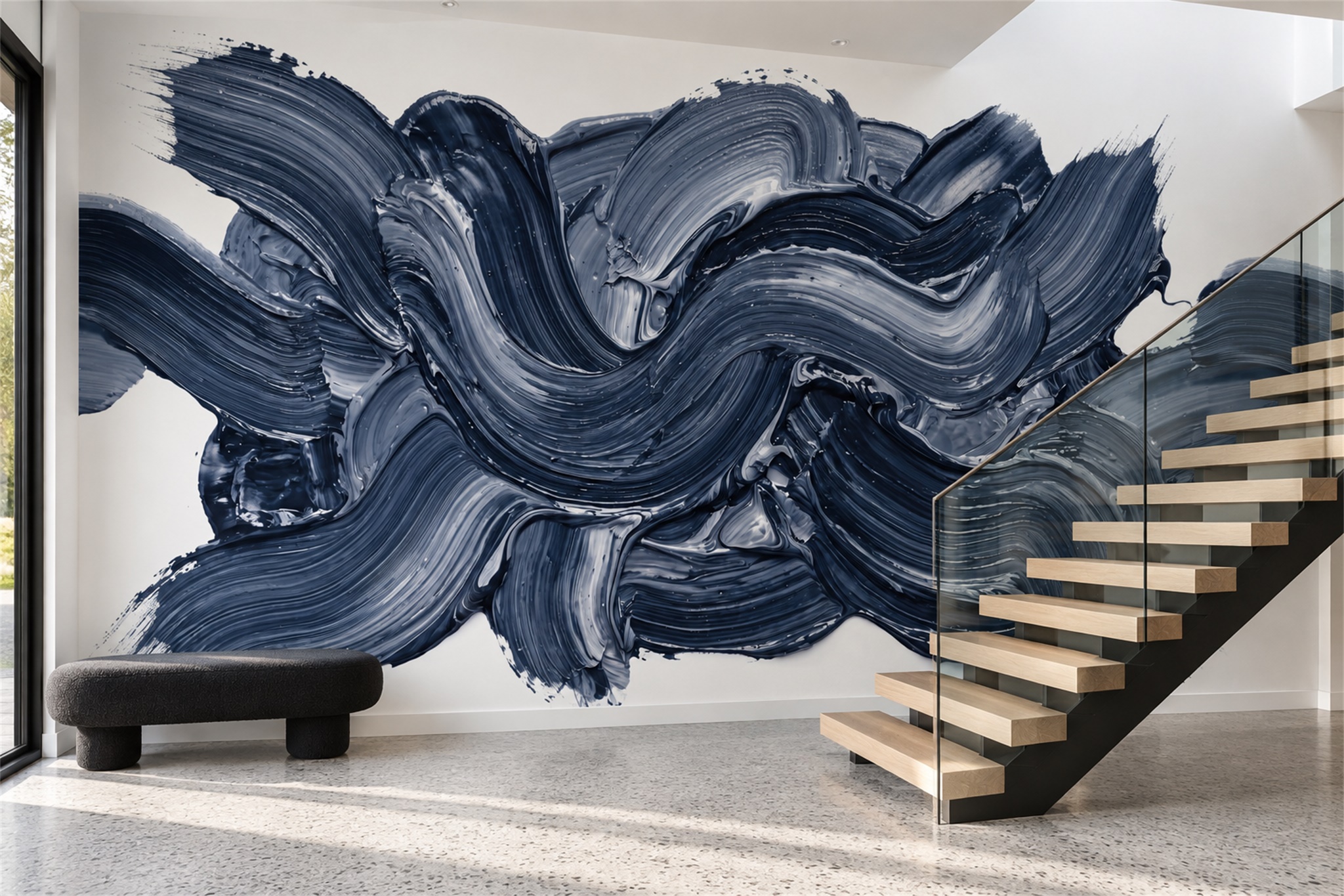 Navy Brushstroke Artful Wallpaper Mural Accent-wall-wallpaper-murals, Peel-and-stick Finish
