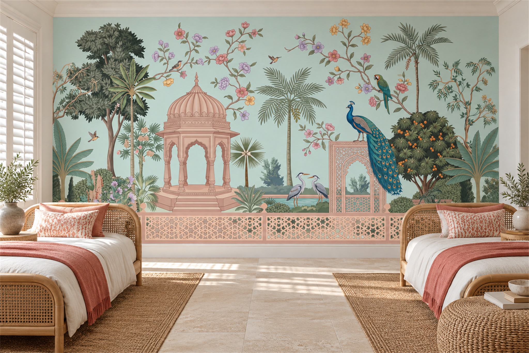 Aqua Peacock Illustrated Decorative Wallpaper Mural Bedroom-wallpaper-murals, Peel-and-stick Finish