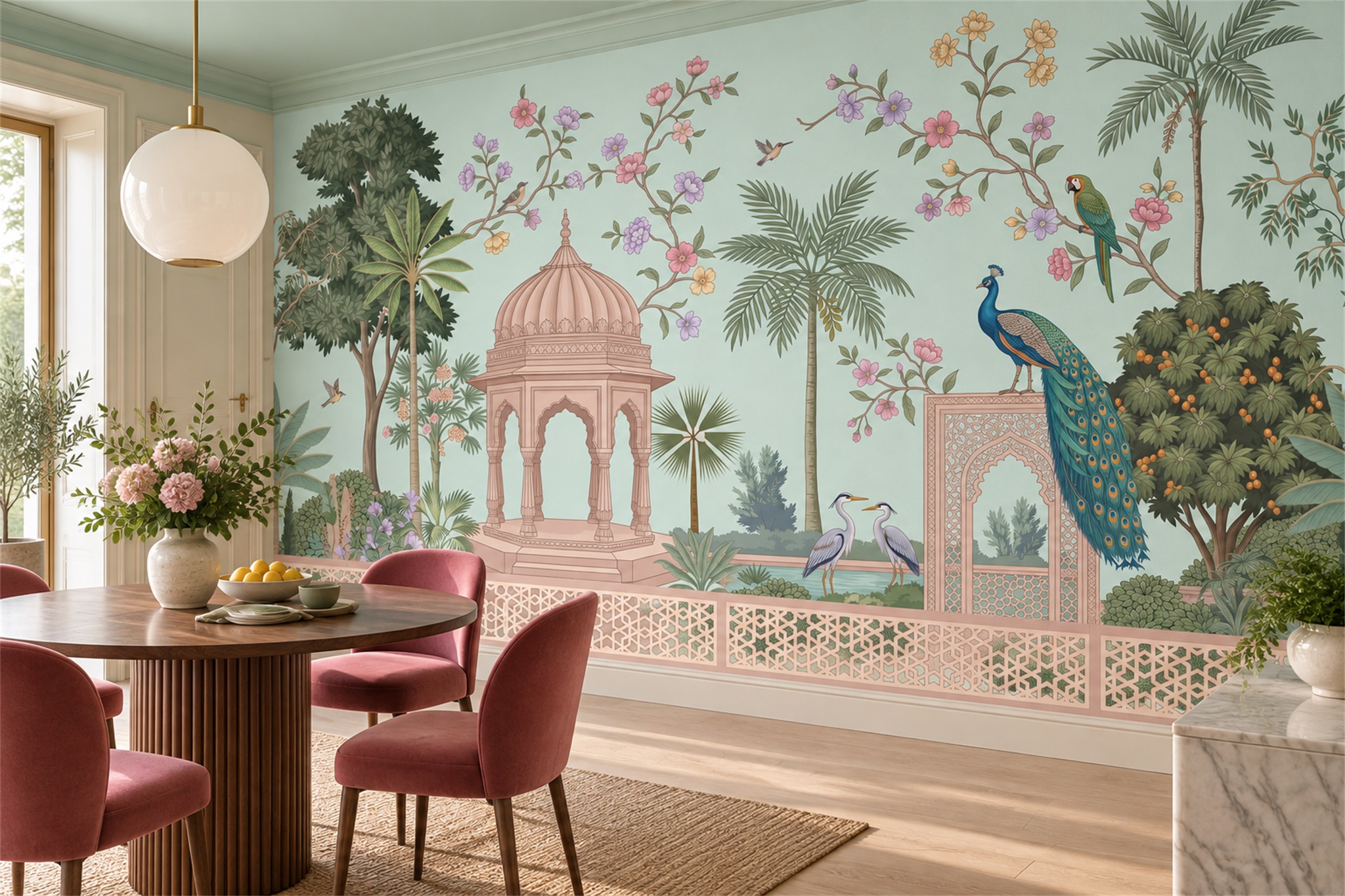 Aqua Peacock Illustrated Decorative Wallpaper Mural Dining-room-wallpaper-murals, Peel-and-stick Finish