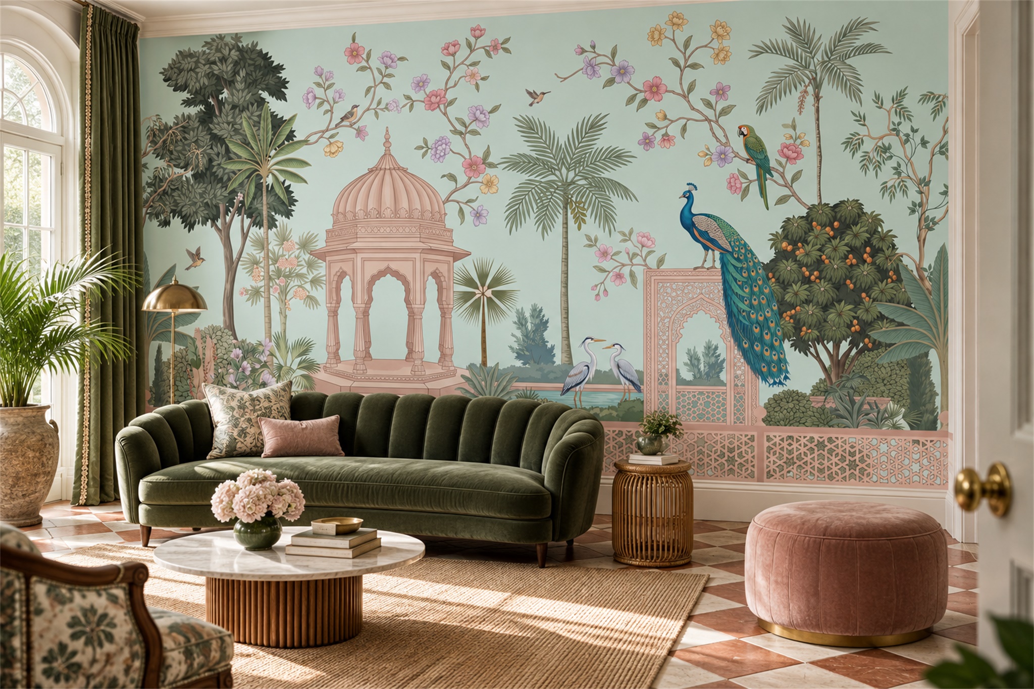 Aqua Peacock Illustrated Decorative Wallpaper Mural Accent-wall-wallpaper-murals, Peel-and-stick Finish