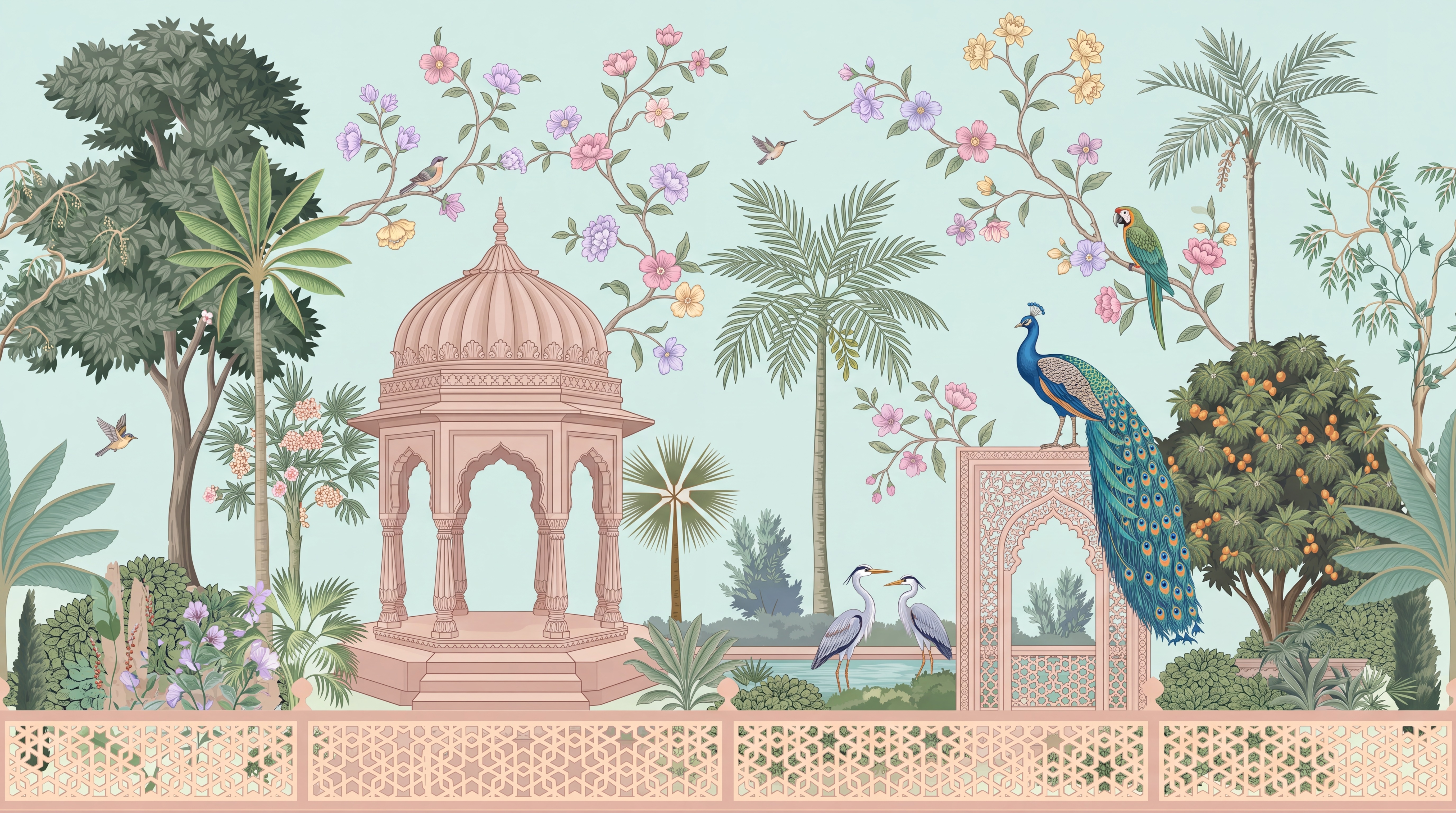 Aqua Peacock Illustrated Decorative Wallpaper Mural Bedroom-wallpaper-murals, Peel-and-stick Finish