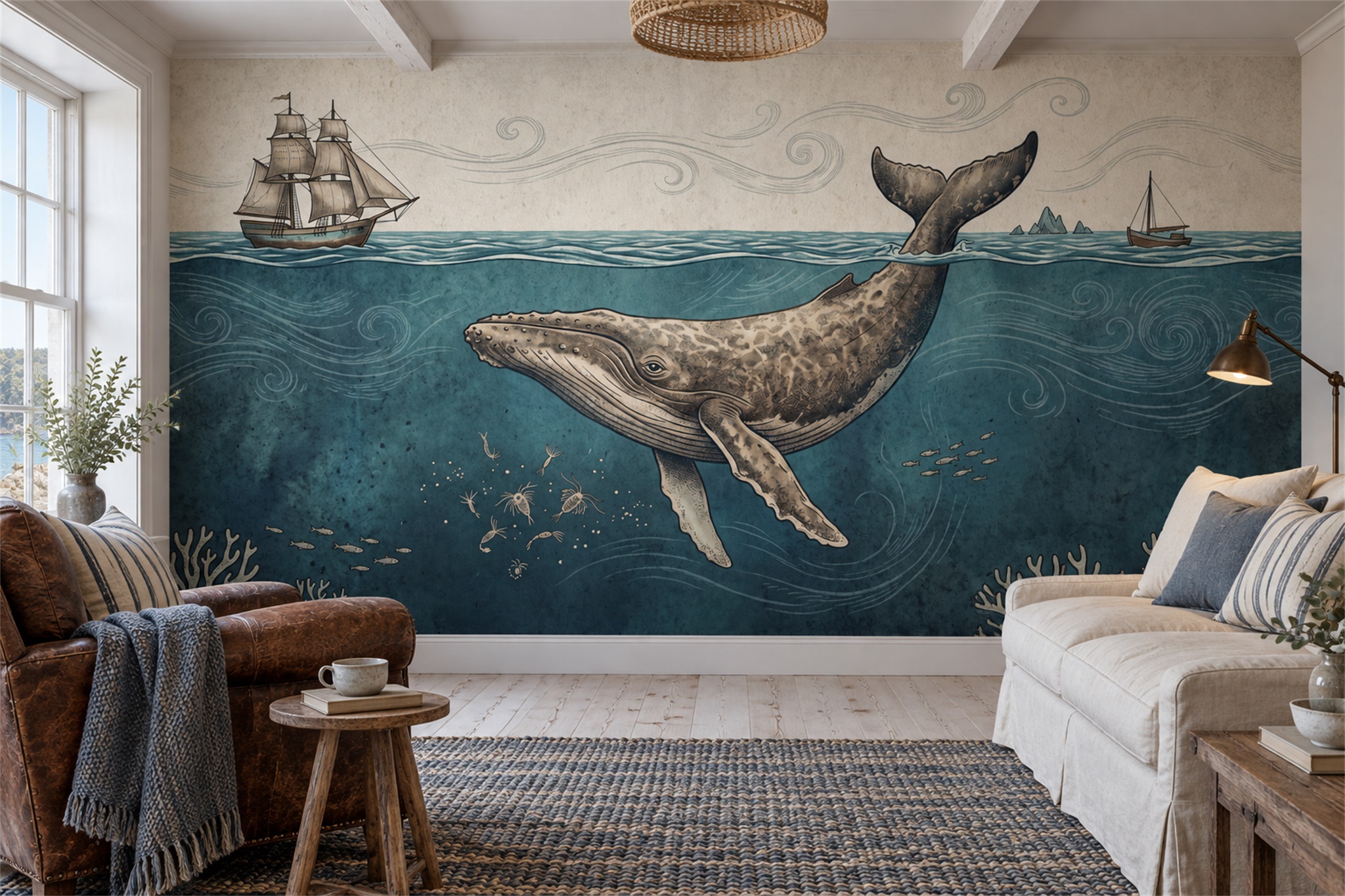 Whale Beneath The Waves Wallpaper Mural — Wallpaper Mural Design, Peel-and-stick Finish