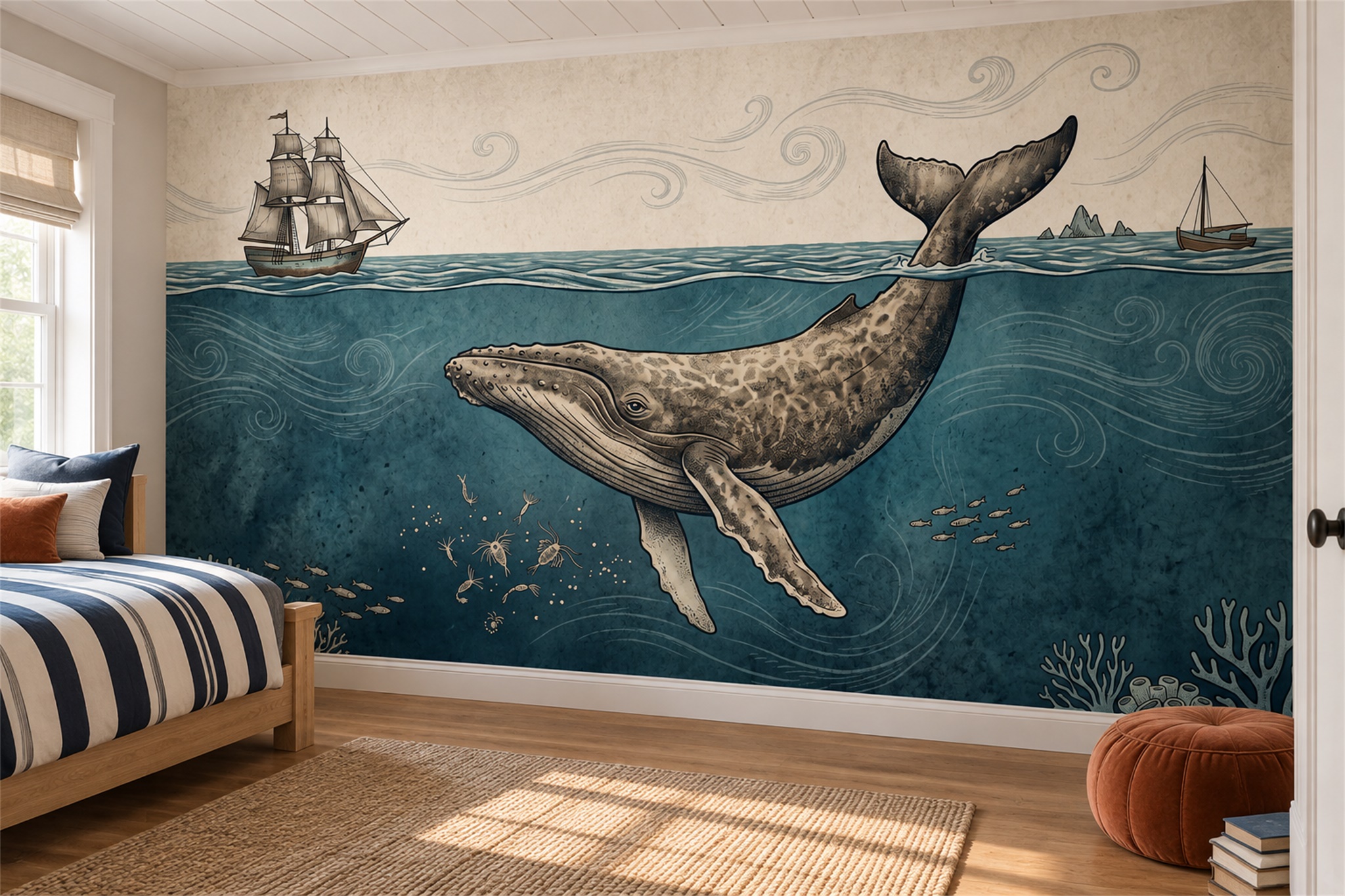 Teal Whale Wallpaper Mural, Peel-and-stick Finish