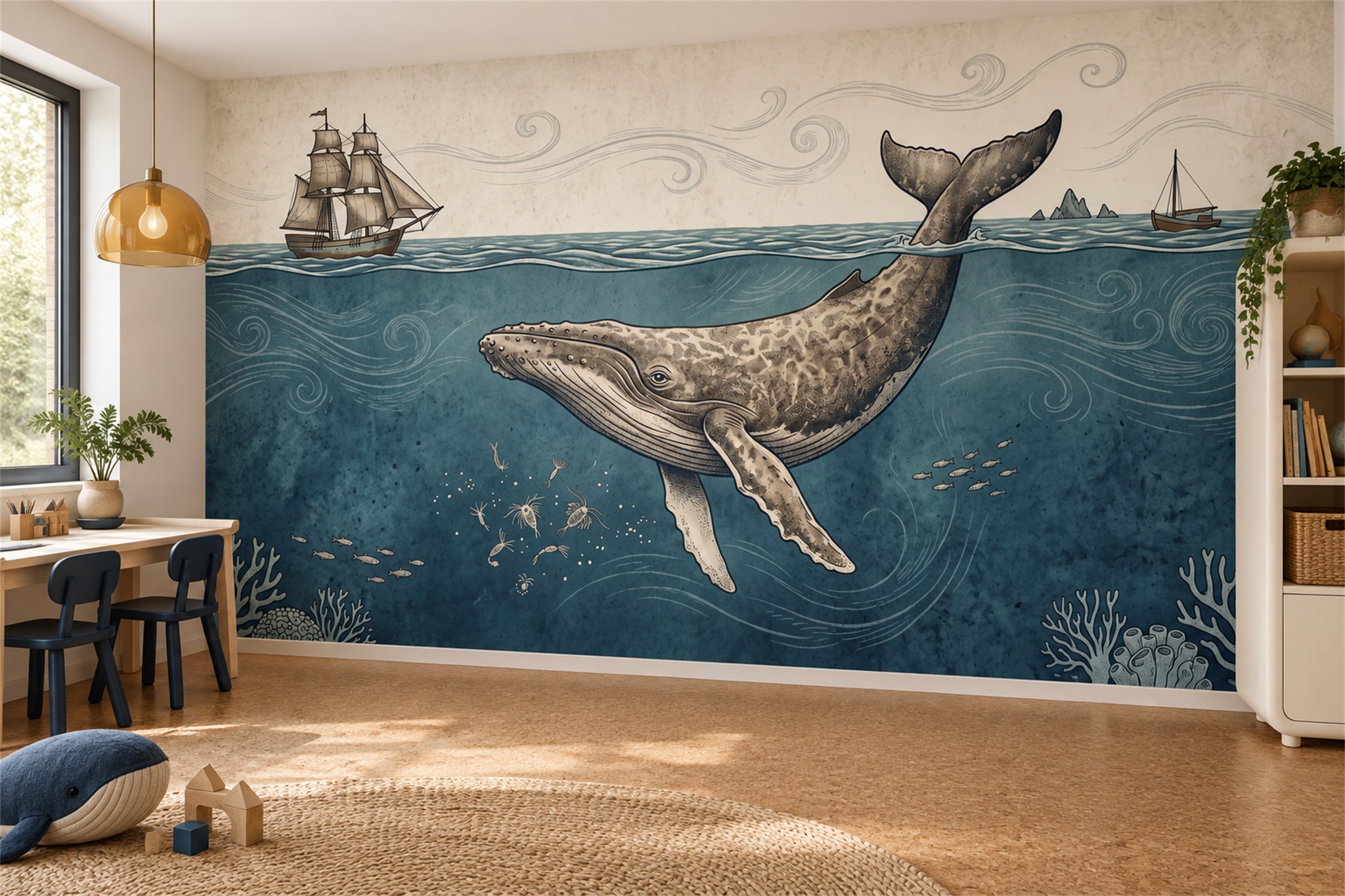 Teal Whale Wallpaper Mural, Peel-and-stick Finish