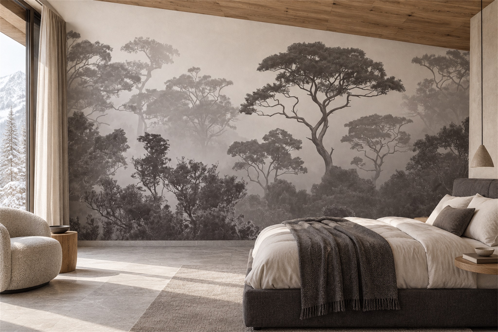 Misty Taupe Woodland Trees Wallpaper Mural — Installed Wallpaper Mural In A Bedroom, Peel-and-stick Finish