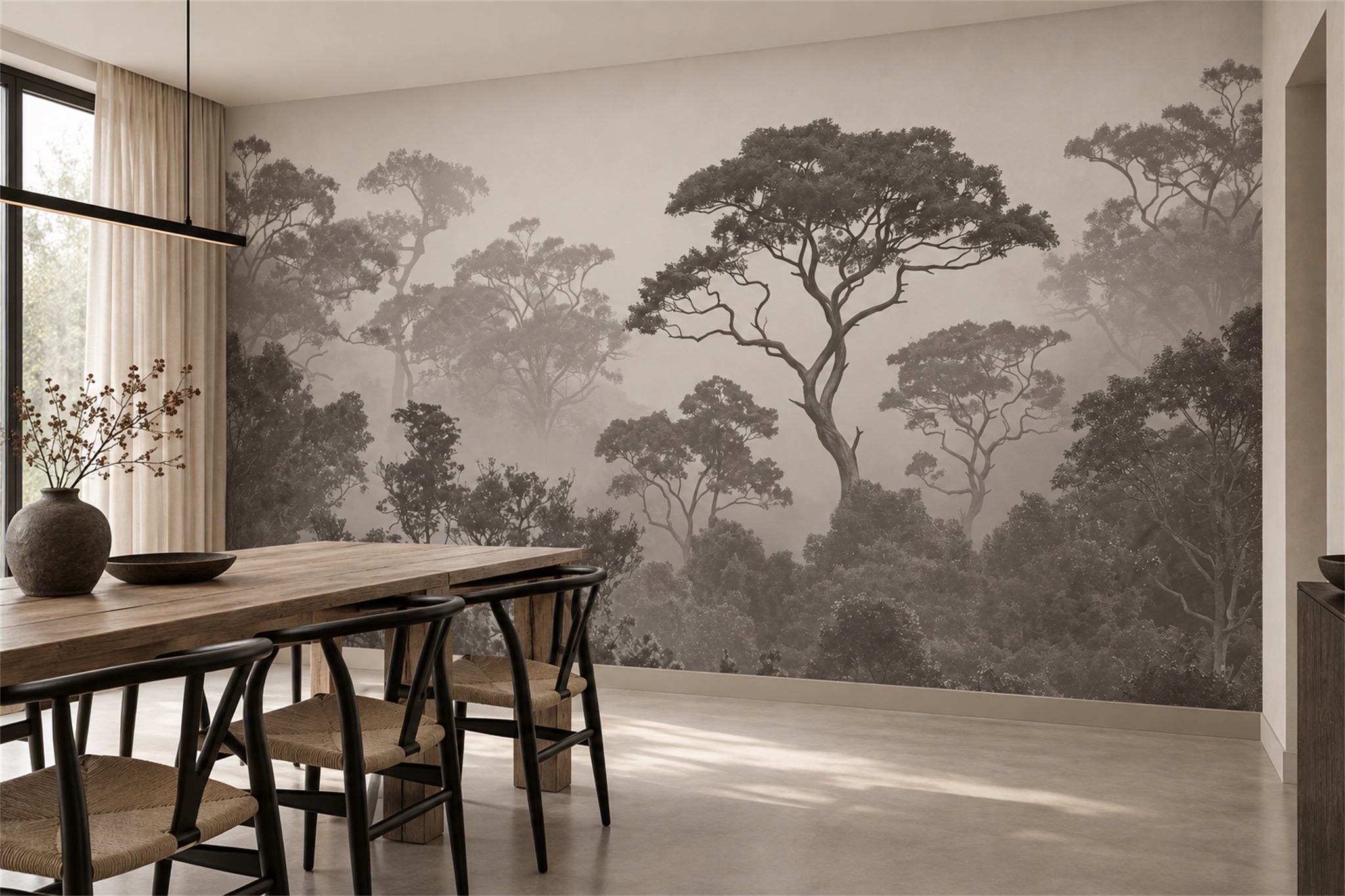 Taupe Forest Scenic Painterly Wallpaper Mural Dining-room-wallpaper-murals, Shown In A Dining Room, Peel-and-stick Finish