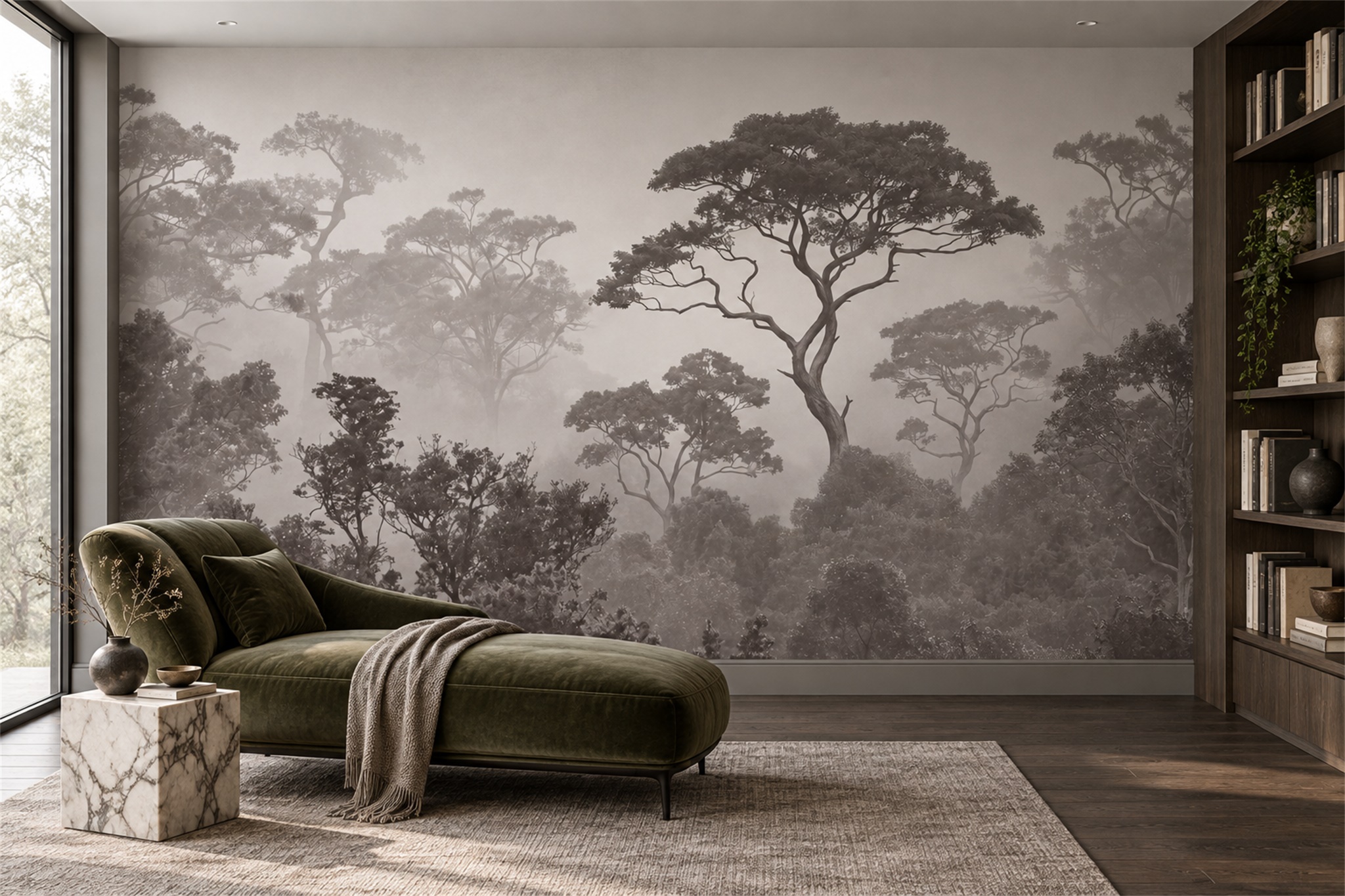 Taupe Forest Scenic Painterly Wallpaper Mural Home-office-wallpaper-murals, Shown In A Home Office, Peel-and-stick Finish