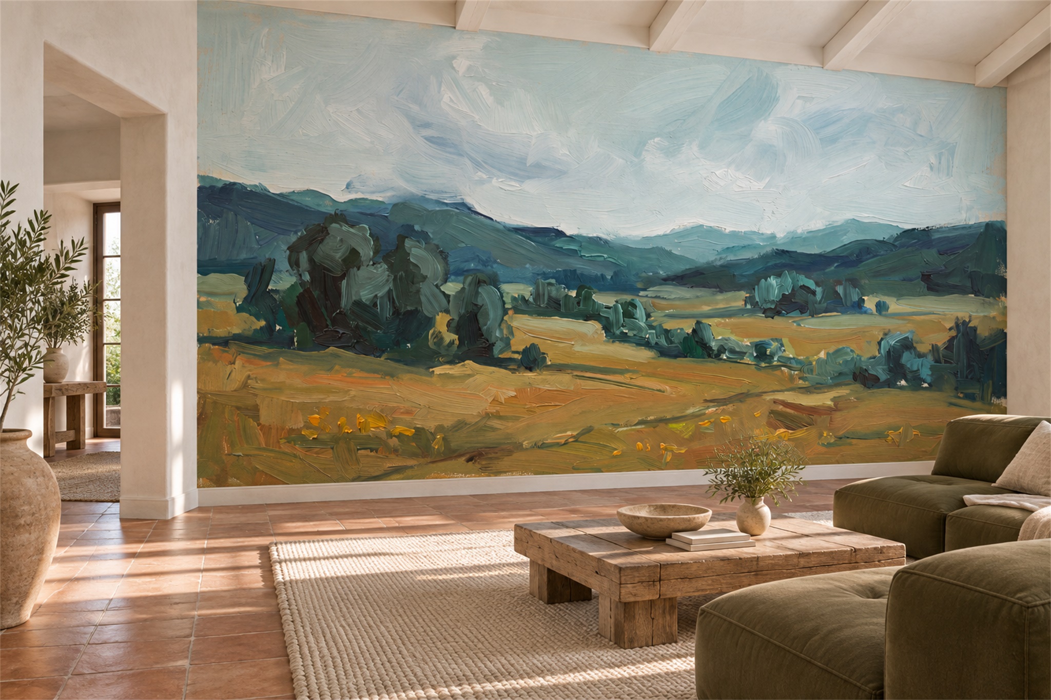 Painted Rolling Hills And Open Sky Wallpaper Mural — Wallpaper Mural Design, Peel-and-stick Finish