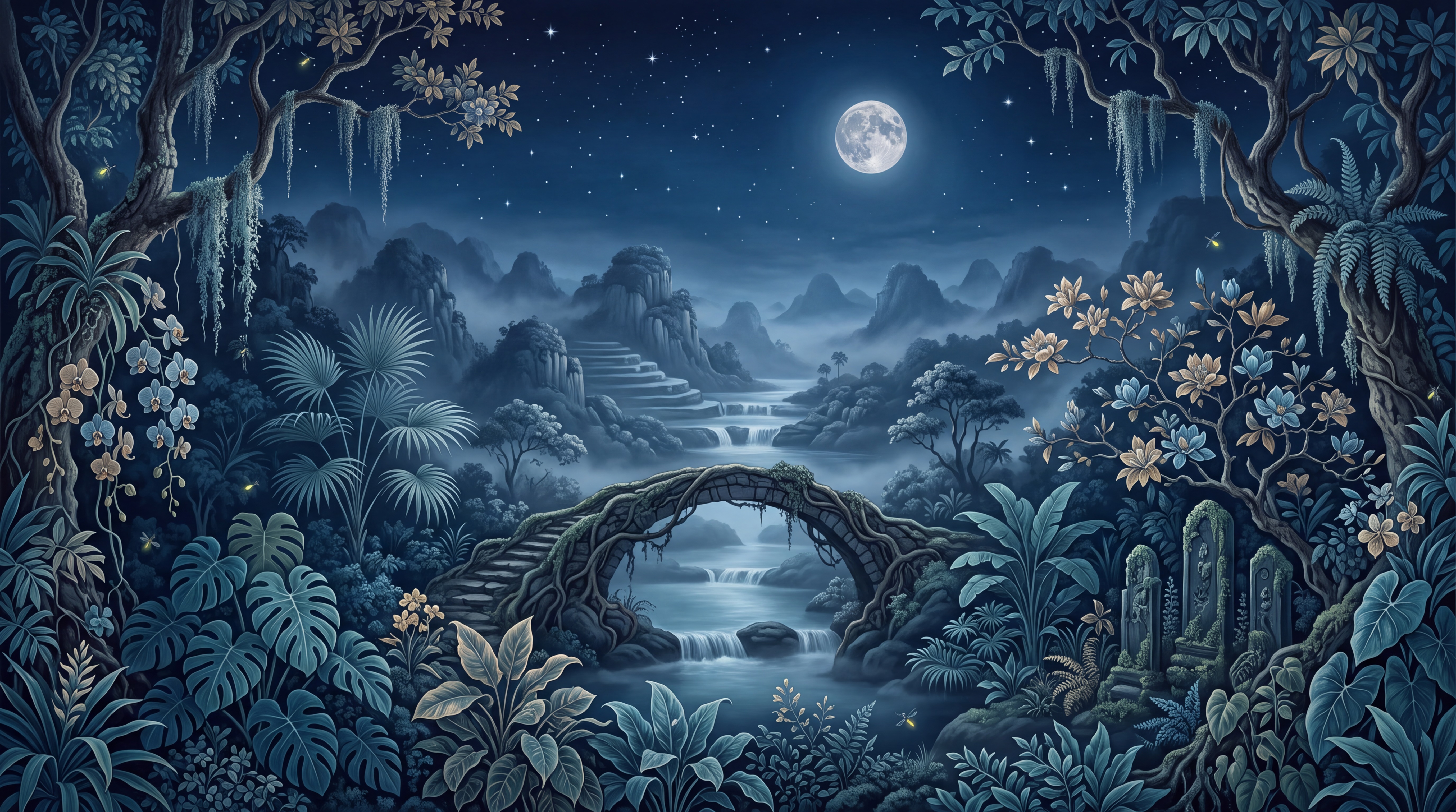 Navy Jungle Scenic Decorative Wallpaper Mural, Peel-and-stick Finish