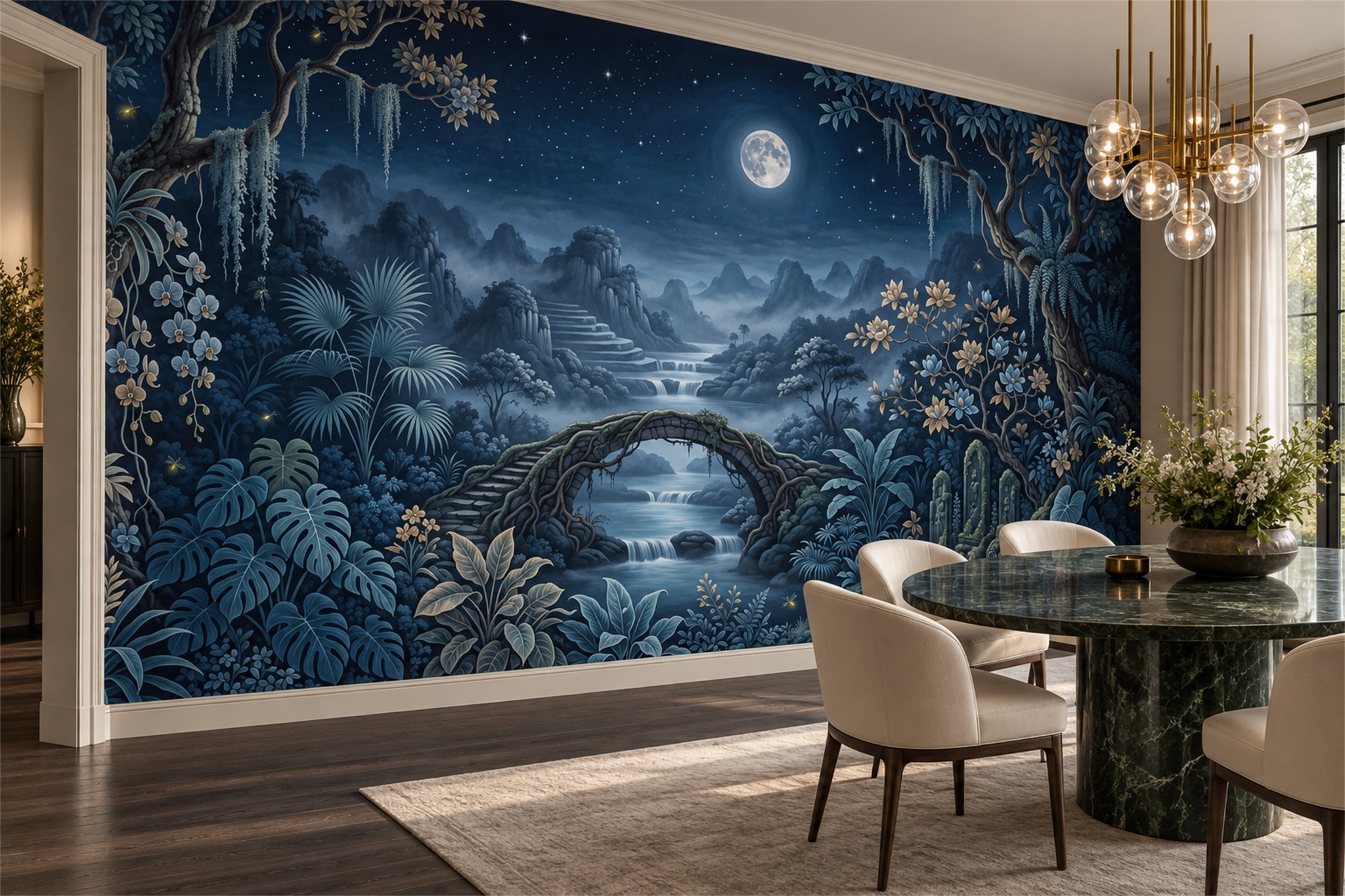 Navy Jungle Scenic Decorative Wallpaper Mural Dining-room-wallpaper-murals, Shown In A Dining Room, Peel-and-stick Finish