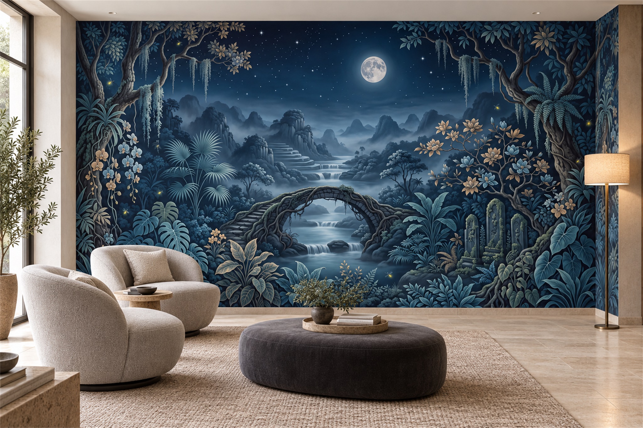 Moonlit Blue Jungle Waterfall Wallpaper Mural — Wallpaper Mural Design, Peel-and-stick Finish