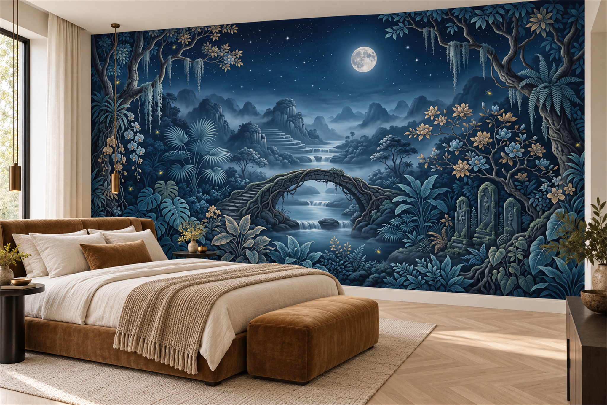Navy Jungle Scenic Decorative Wallpaper Mural Bedroom-wallpaper-murals, Peel-and-stick Finish
