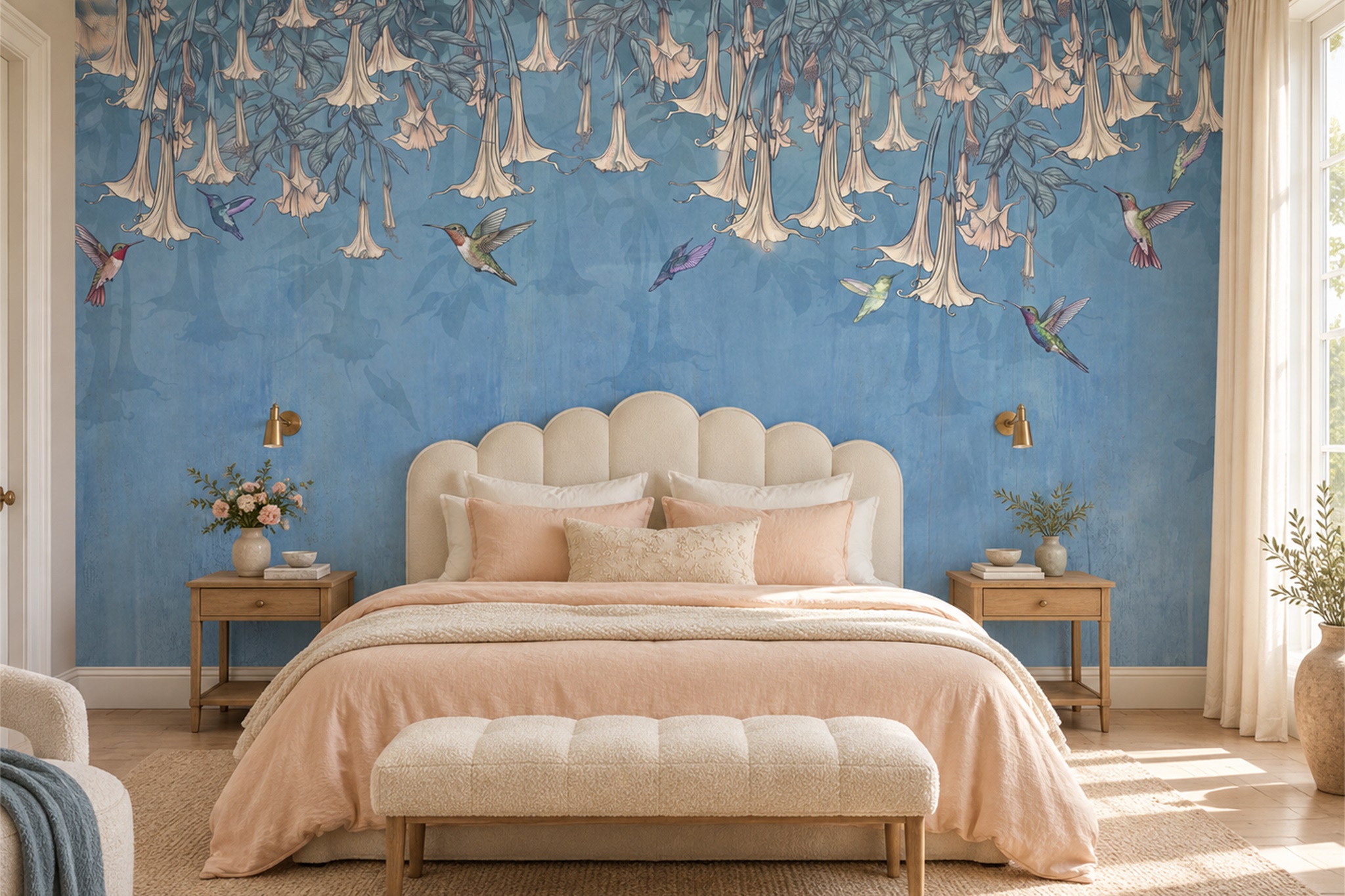 Blue Vine Botanical Abstract Wallpaper Mural Bedroom-wallpaper-murals, Peel-and-stick Finish
