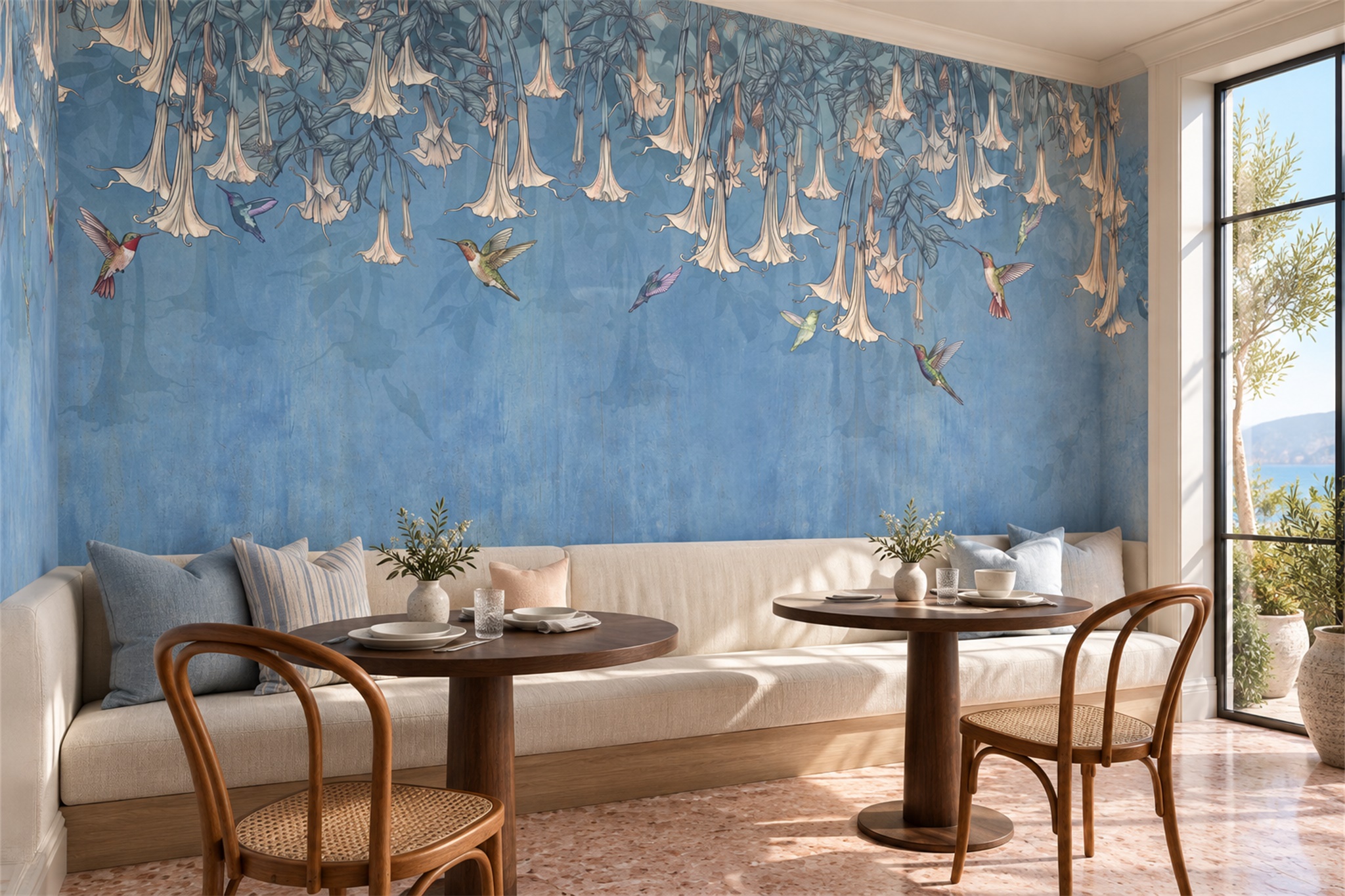Trumpet Flowers And Hummingbirds On Blue Wallpaper Mural — Wallpaper Mural Design, Peel-and-stick Finish