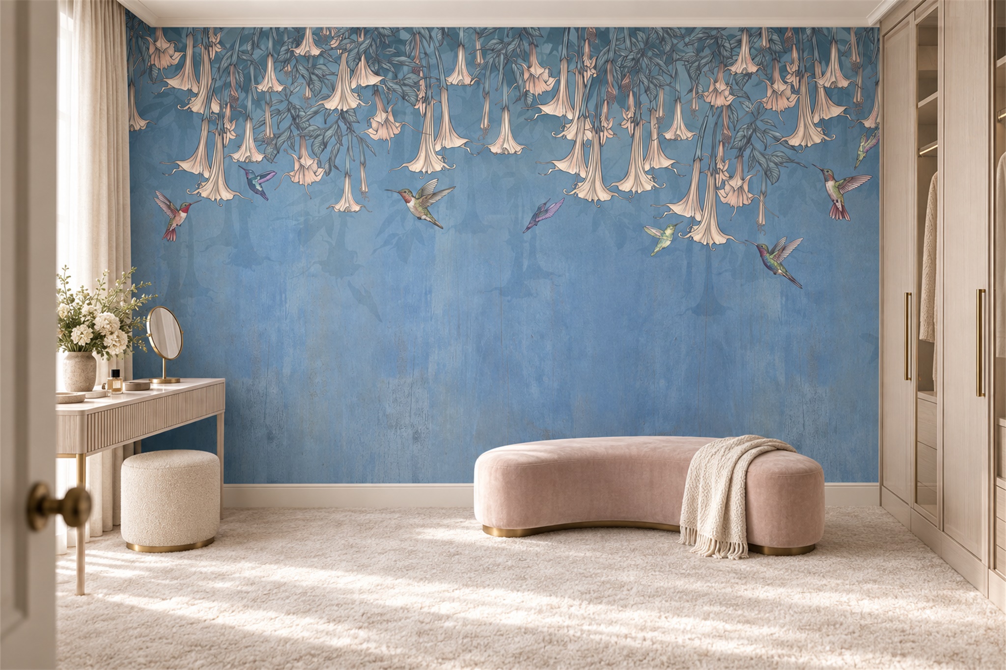 Blue Vine Botanical Abstract Wallpaper Mural Accent-wall-wallpaper-murals, Peel-and-stick Finish