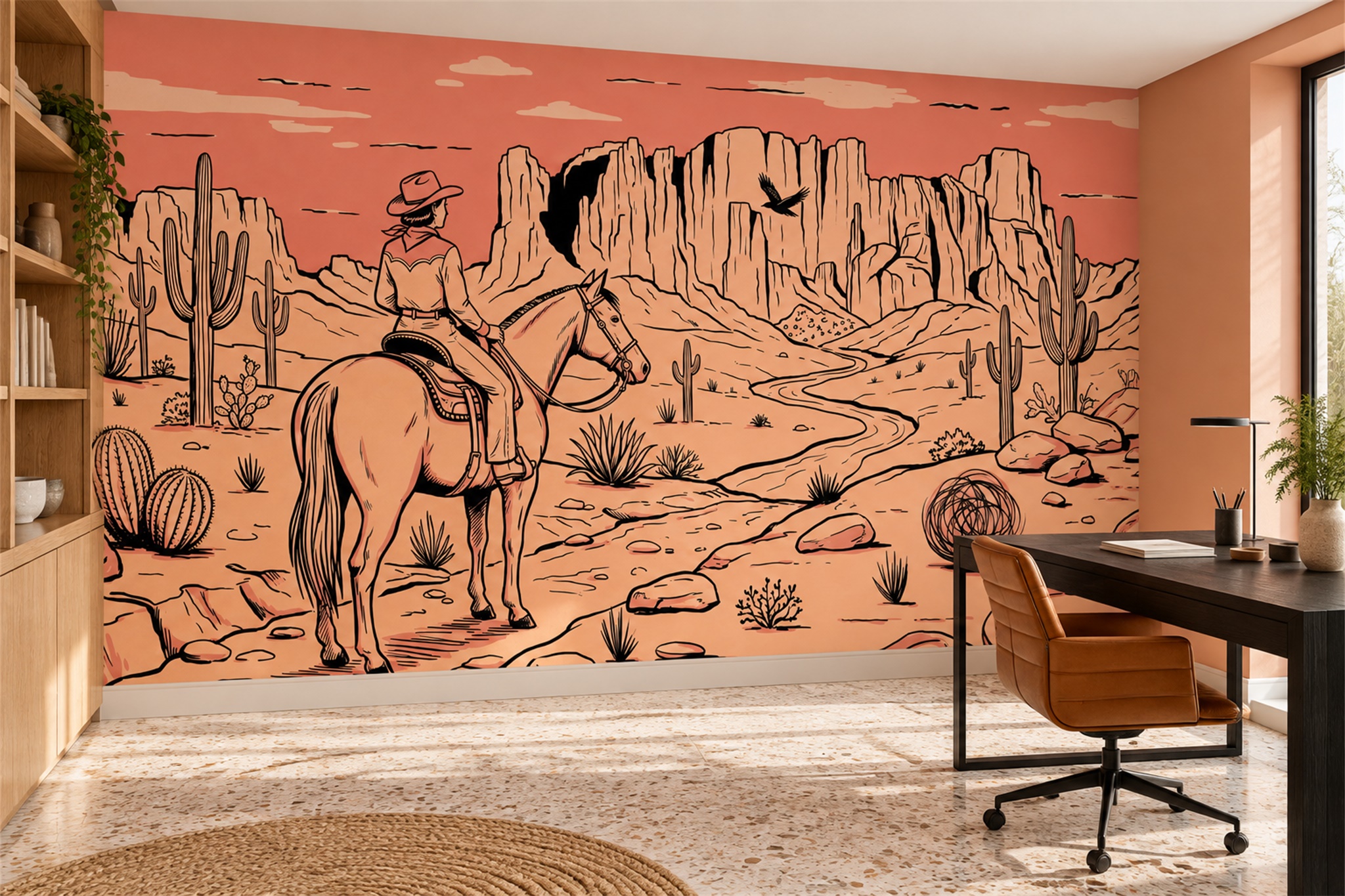 Cowboy On Horse In A Coral Desert Wallpaper Mural — Wallpaper Mural Design, Peel-and-stick Finish