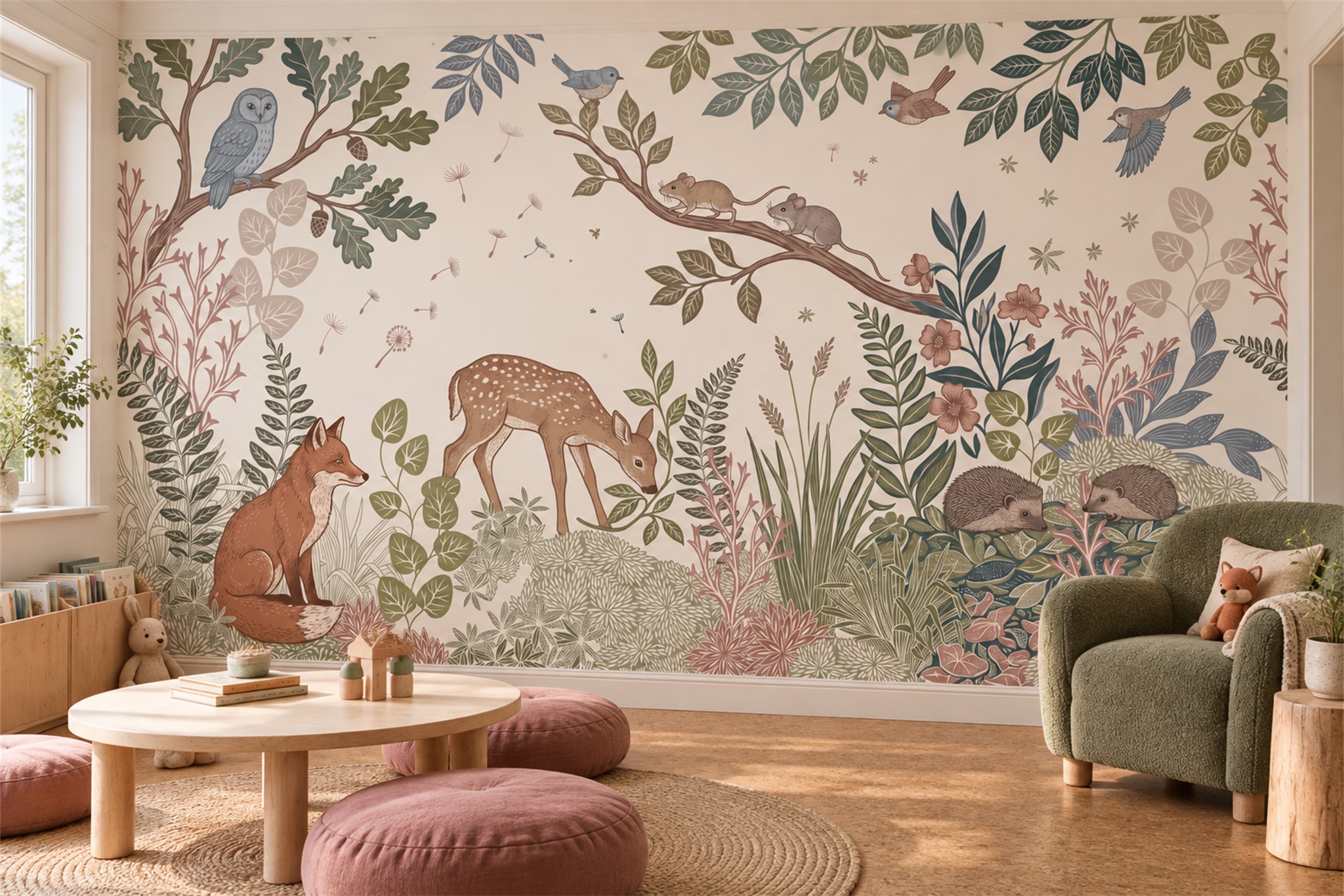 Woodland Animals And Wildflowers Wallpaper Mural — Wallpaper Mural Design, Peel-and-stick Finish