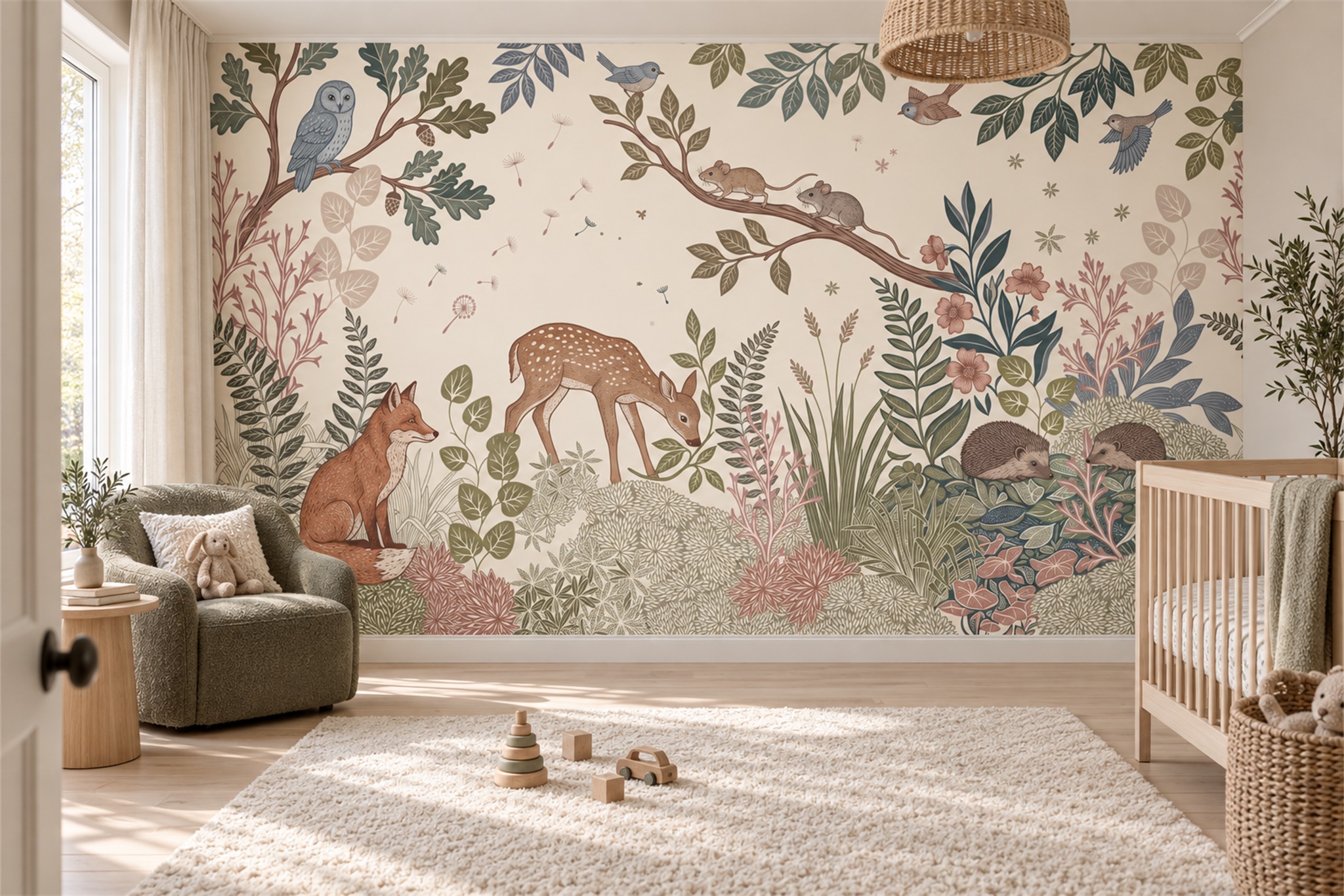 Sage Woodland Scenic Atmospheric Wallpaper Mural Nursery-wallpaper-murals, Peel-and-stick Finish