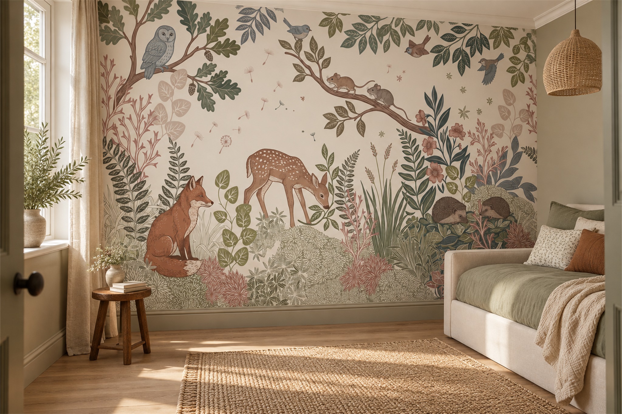 Sage Woodland Scenic Atmospheric Wallpaper Mural Bedroom-wallpaper-murals, Peel-and-stick Finish