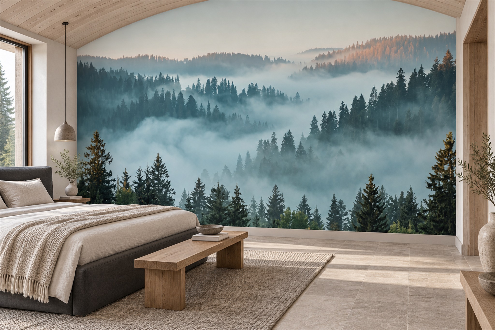 Teal Forest Scenic Layered Wallpaper Mural Bedroom-wallpaper-murals, Peel-and-stick Finish