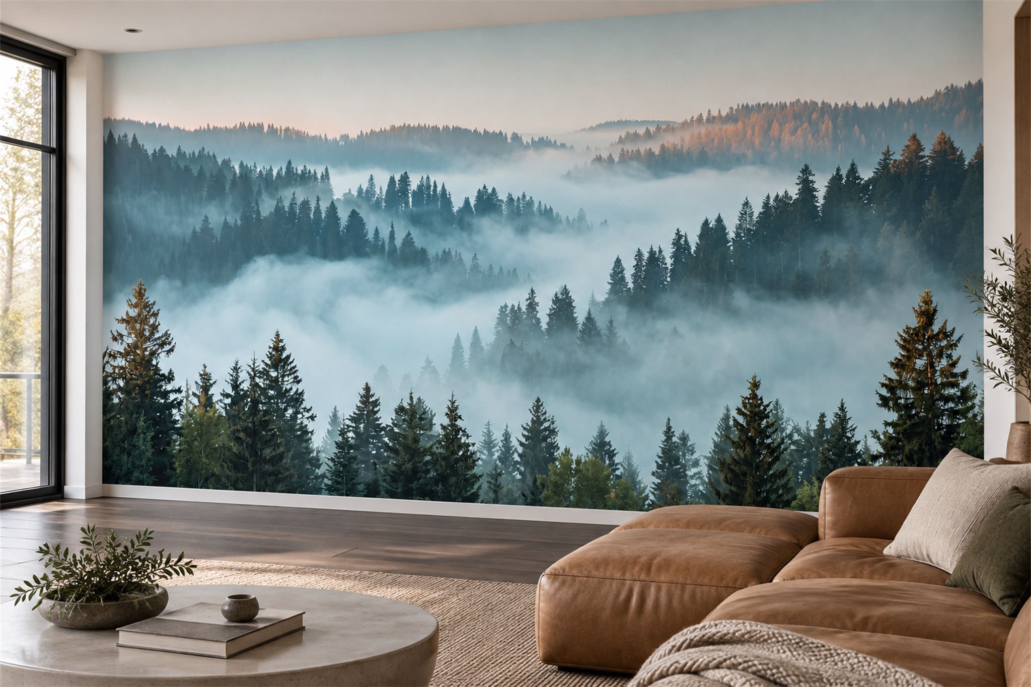 Teal Forest Scenic Layered Wallpaper Mural Accent-wall-wallpaper-murals, Peel-and-stick Finish