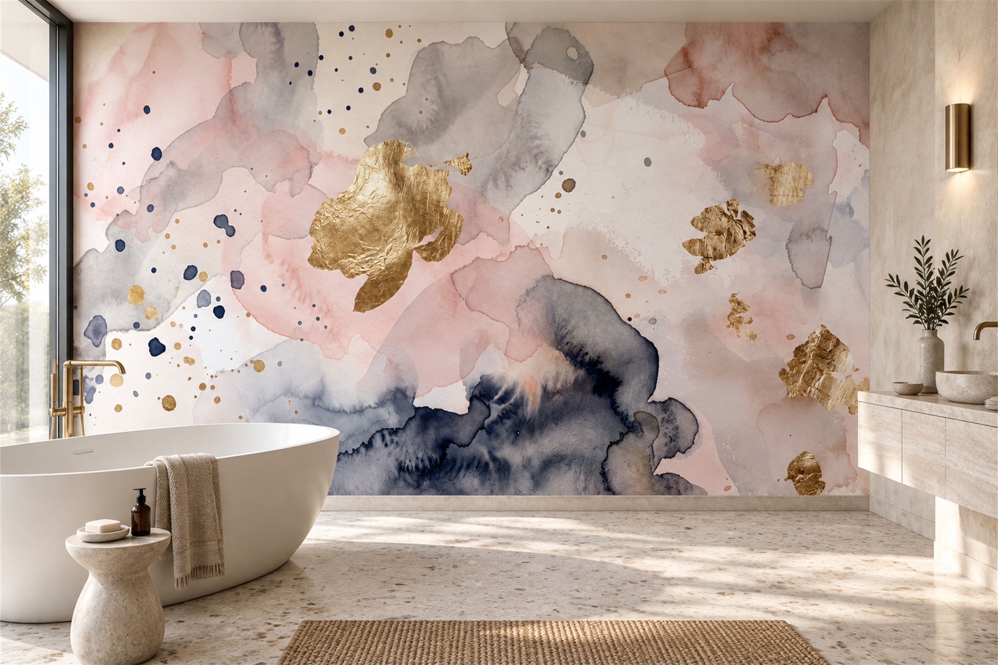 Blush Watercolour And Gold Abstract Wallpaper Mural — Wallpaper Mural Design, Peel-and-stick Finish