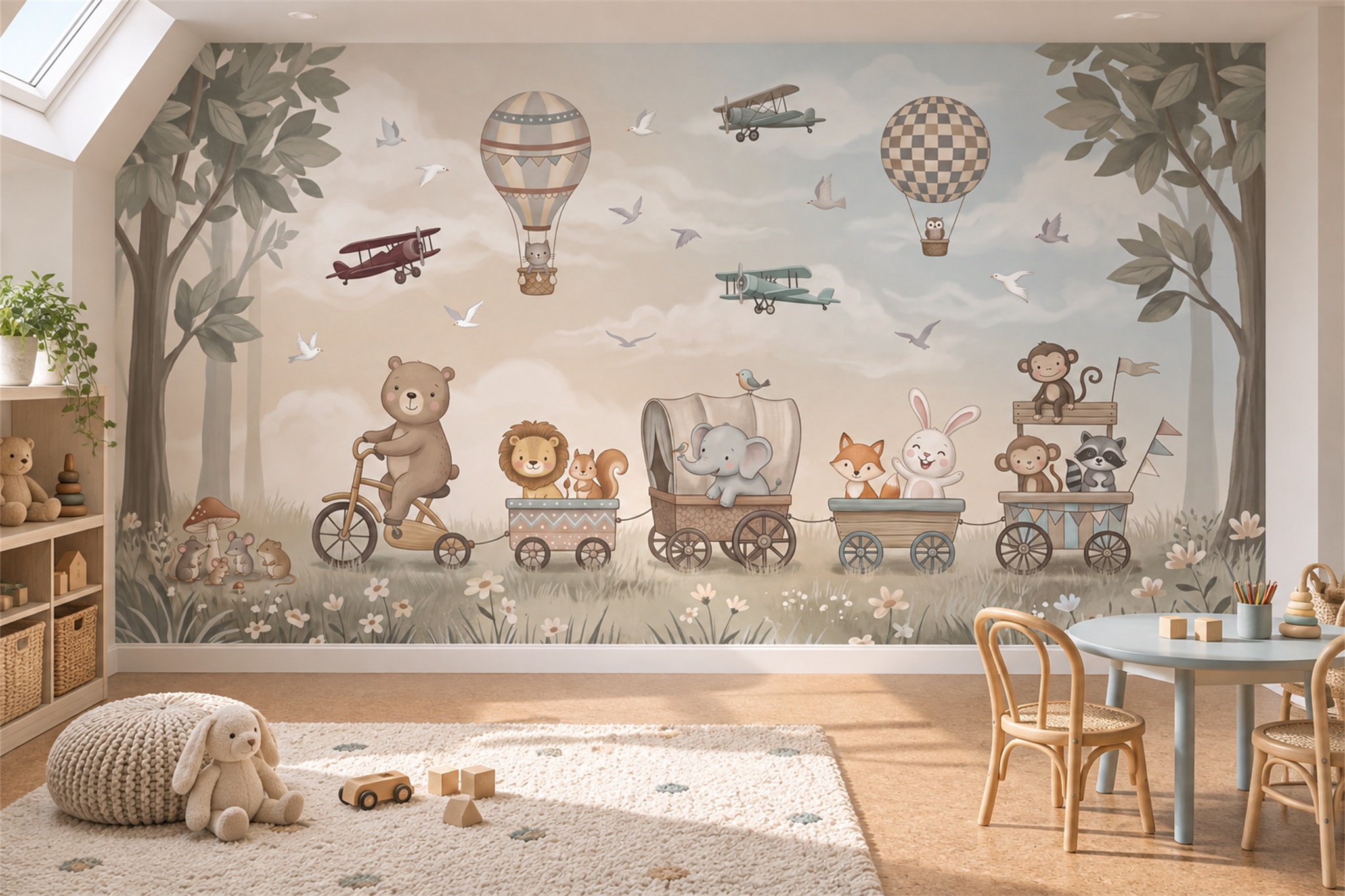Beige Animal Illustrated Wallpaper Mural Accent-wall-wallpaper-murals, Shown In A Nursery, Peel-and-stick Finish
