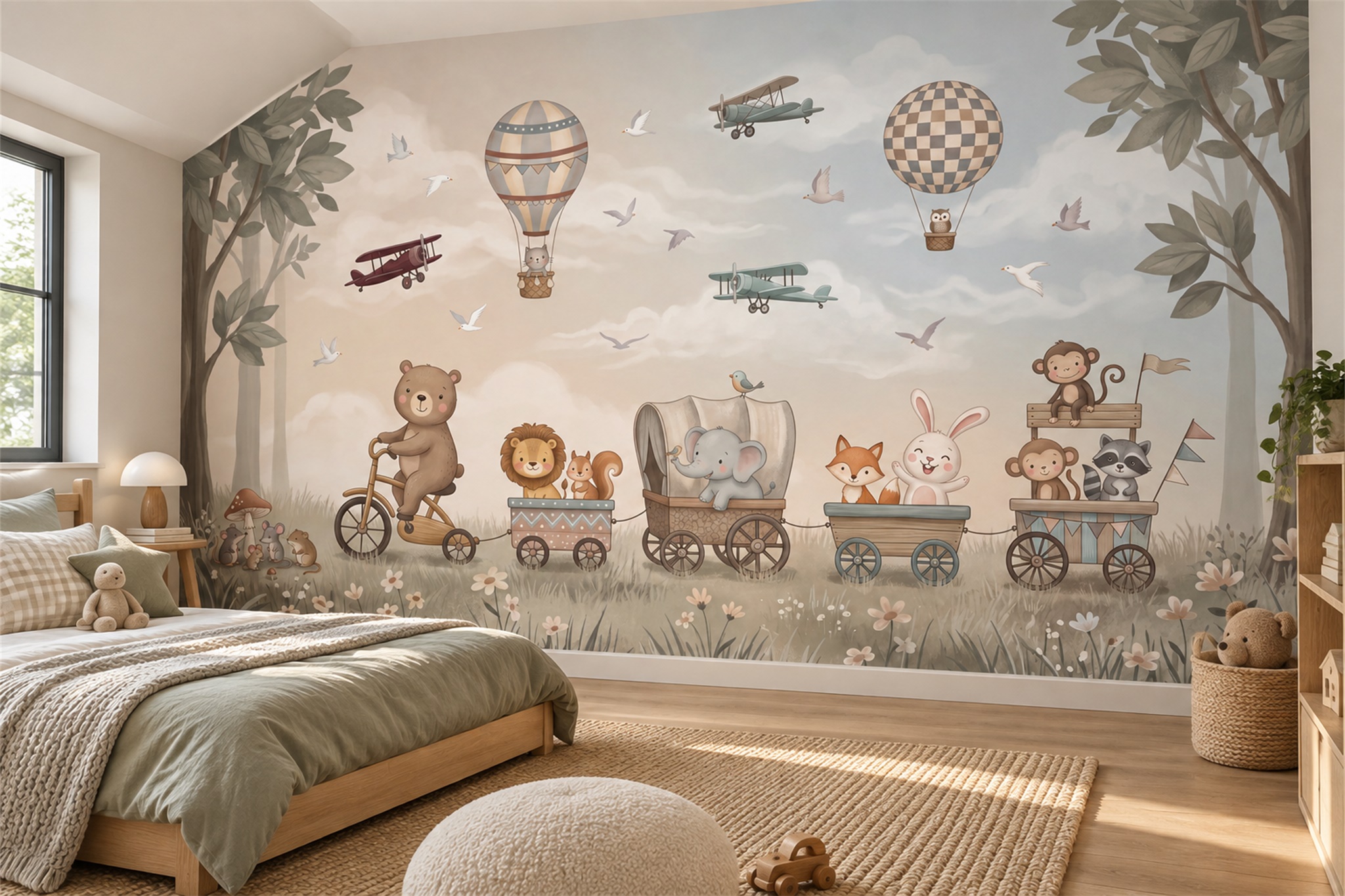 Nursery Animal Parade With Balloons And Flying Machines Wallpaper Mural — Installed Wallpaper Mural In A Nursery, Peel-and-stick Finish