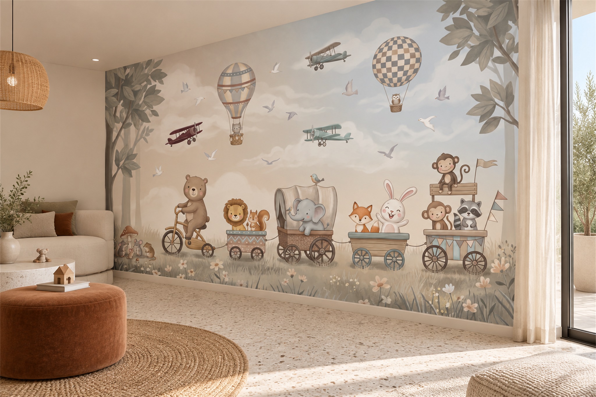 Beige Animal Illustrated Wallpaper Mural Bedroom-wallpaper-murals, Peel-and-stick Finish