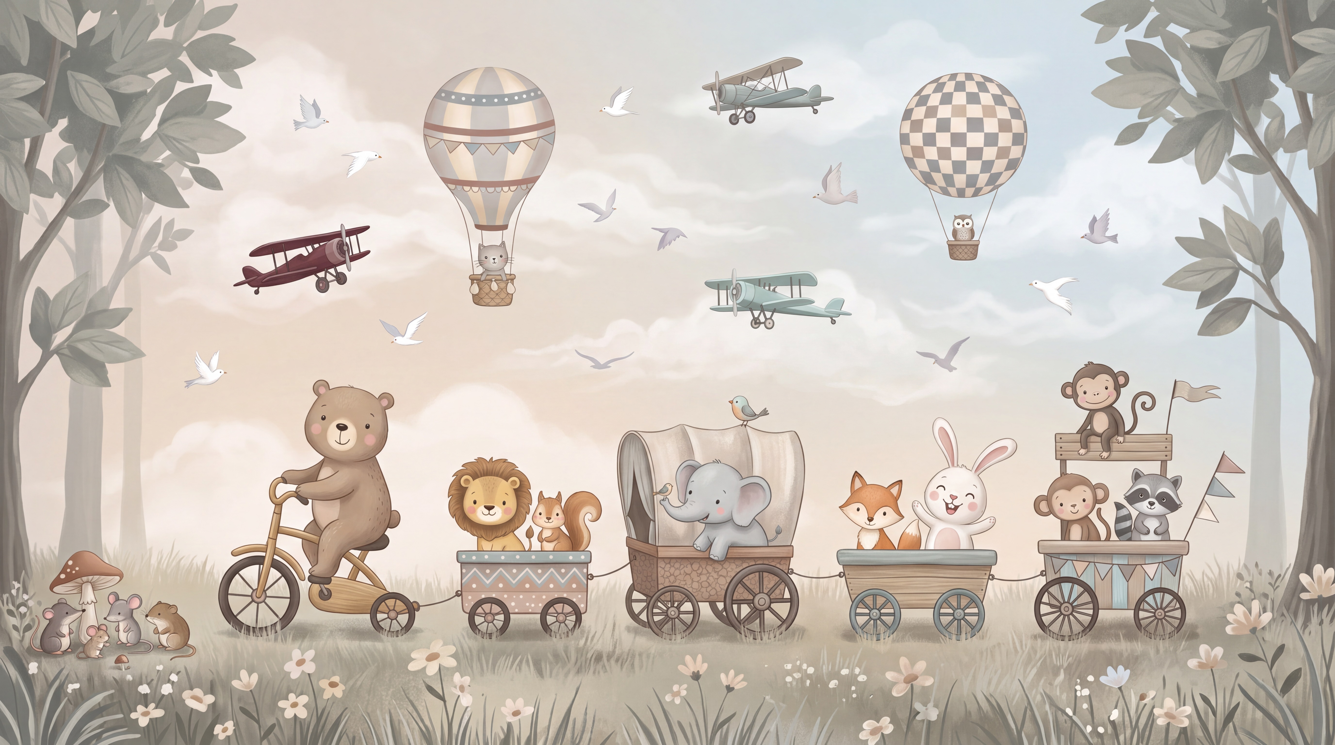 Beige Animal Illustrated Wallpaper Mural Accent-wall-wallpaper-murals, Shown In A Nursery, Peel-and-stick Finish