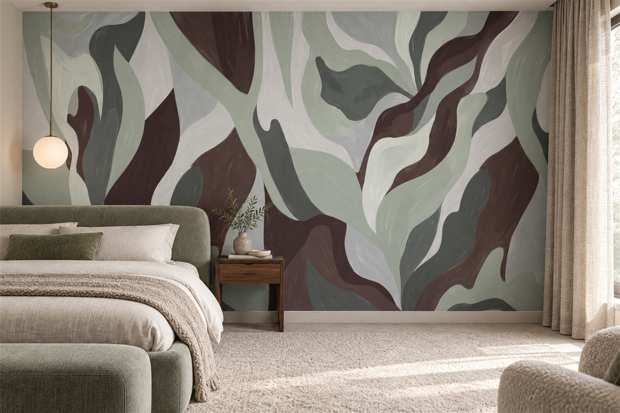 Sage Green Camouflage Abstract Wallpaper Mural — Installed Wallpaper Mural In A Bedroom, Peel-and-stick Finish