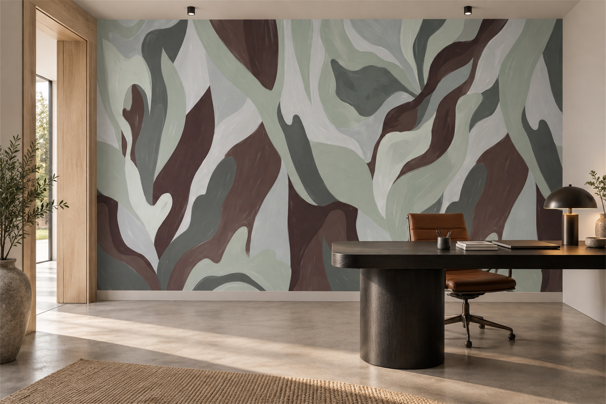Sage Shaped Abstract Decorative Wallpaper Mural Home-office-wallpaper-murals, Shown In A Home Office, Peel-and-stick Finish