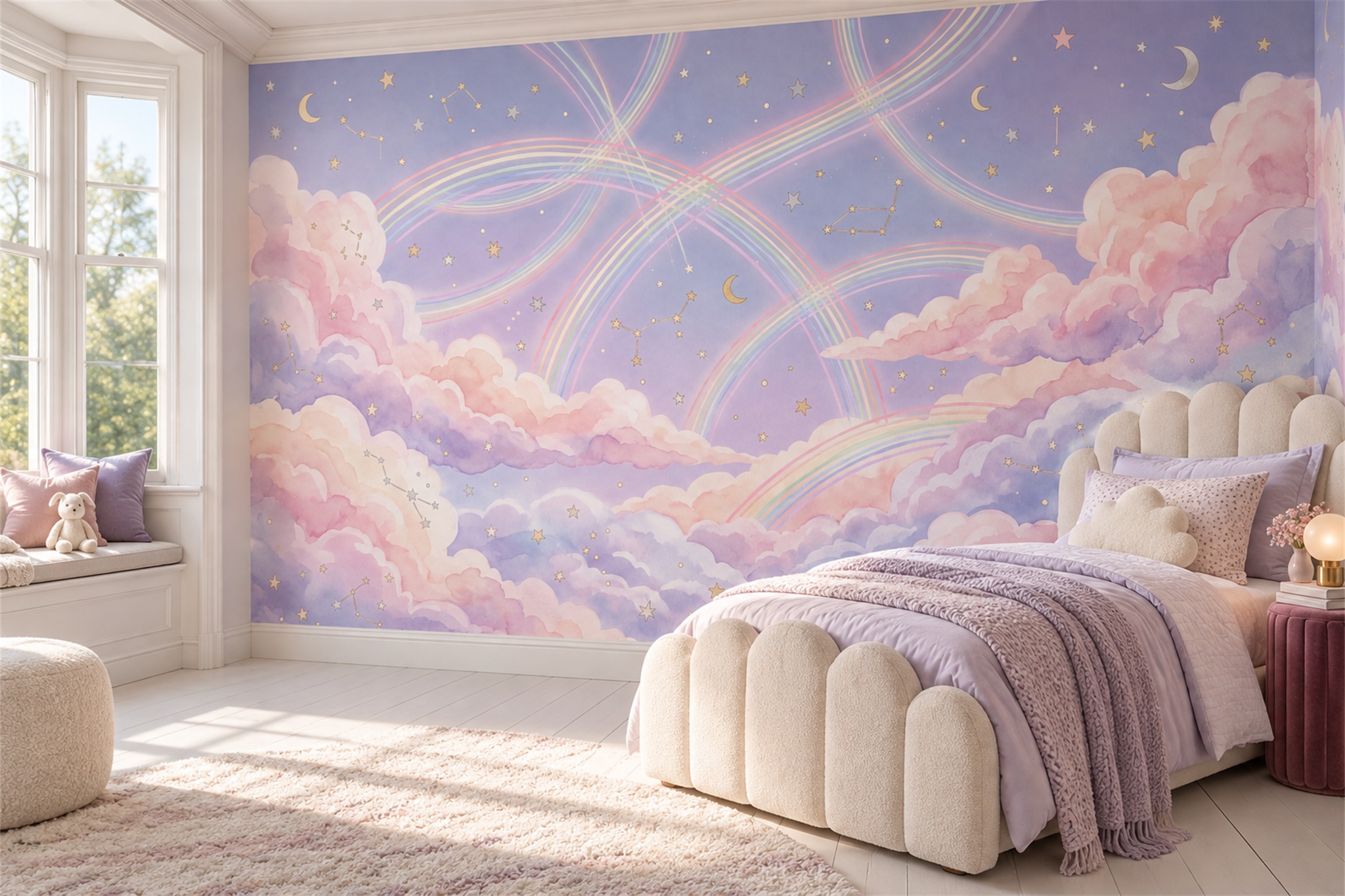 Pastel Rainbows, Clouds And Stars Wallpaper Mural — Wallpaper Mural Design, Peel-and-stick Finish