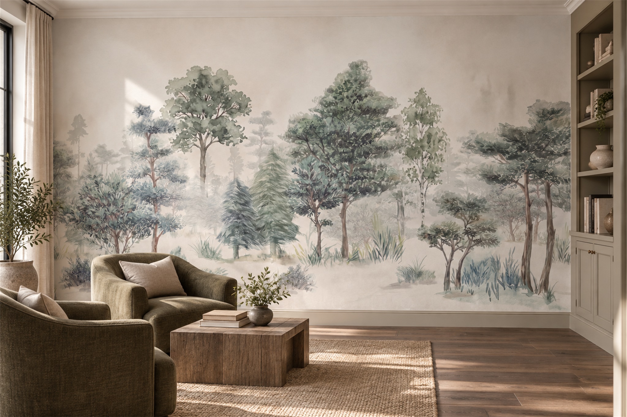 Misty Sage Woodland Trees Wallpaper Mural — Wallpaper Mural Design, Peel-and-stick Finish