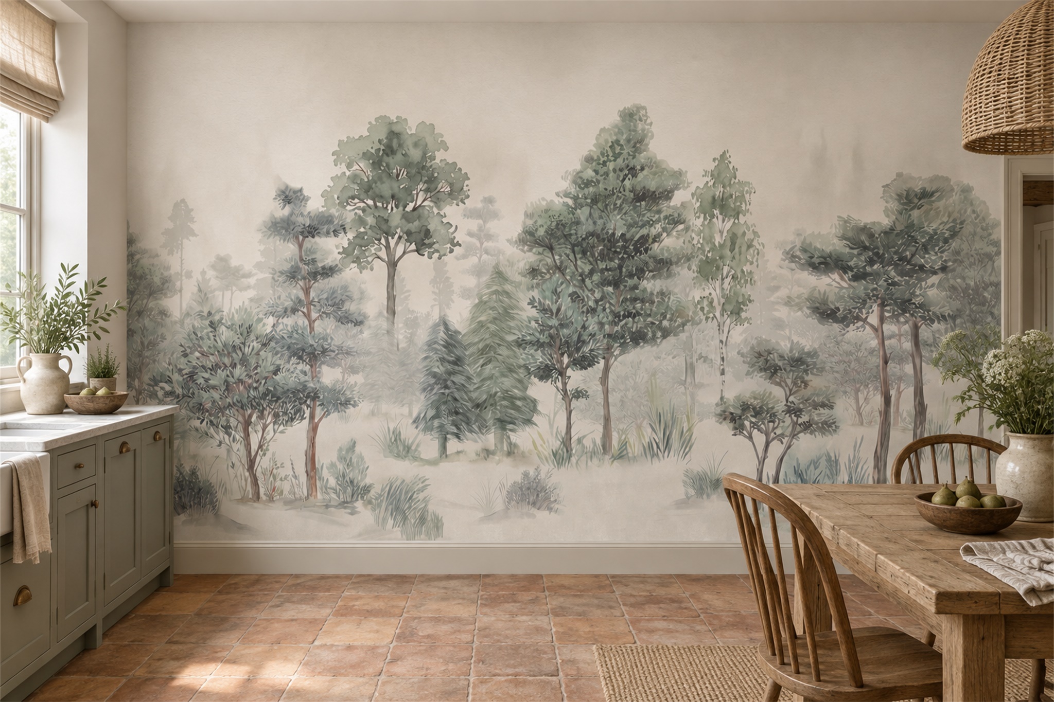 Sage Trees Scenic Decorative Wallpaper Mural Dining-room-wallpaper-murals, Peel-and-stick Finish