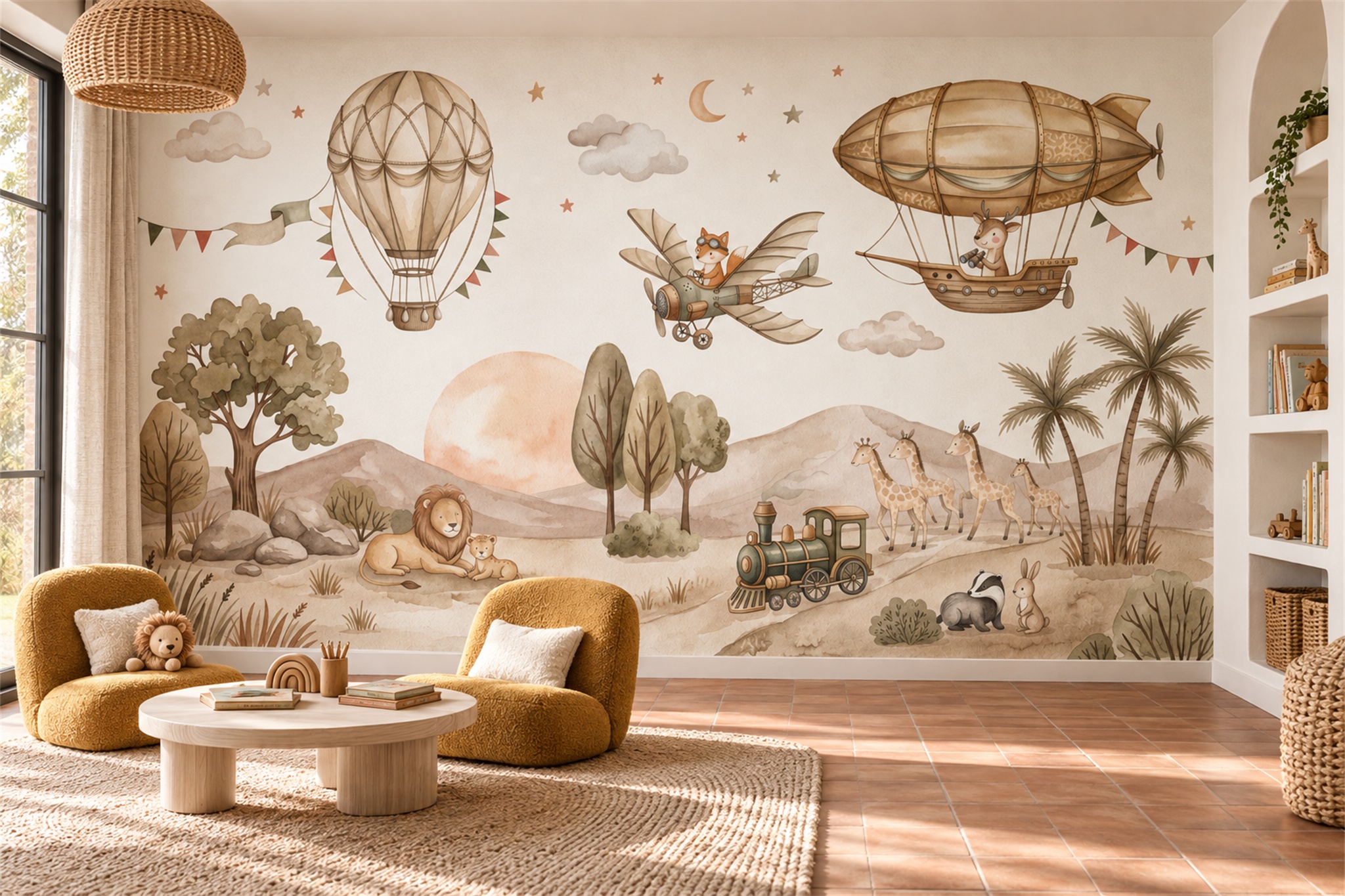 Nursery Animal Adventure With Balloons And Trains Wallpaper Mural — Installed Wallpaper Mural In A Nursery, Peel-and-stick Finish