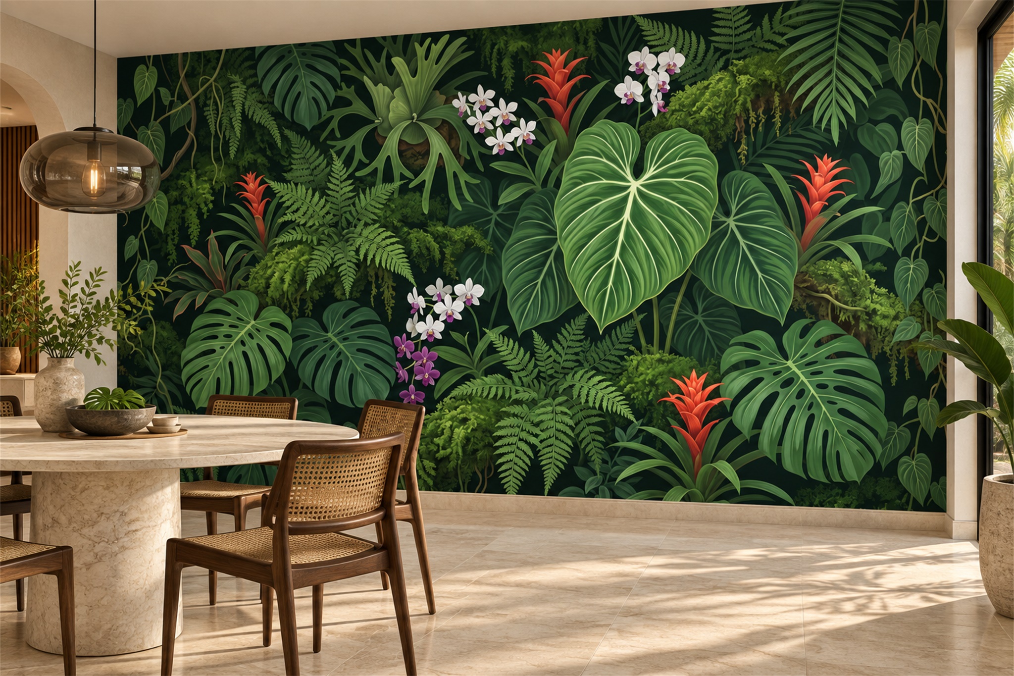 Green Pattern Decorative Wallpaper Mural Layered Textured Wallpaper Dining-room-wallpaper-murals, Shown In A Dining Room, Peel-and-stick Finish