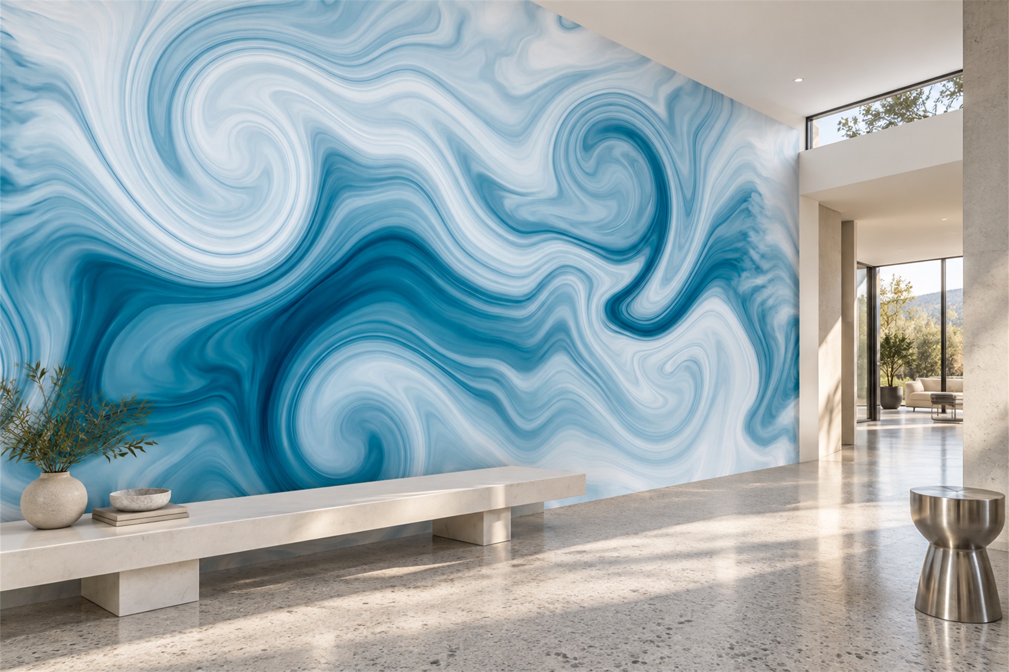Aqua Swirl Artful Wallpaper Mural Entryway-wallpaper-murals, Peel-and-stick Finish