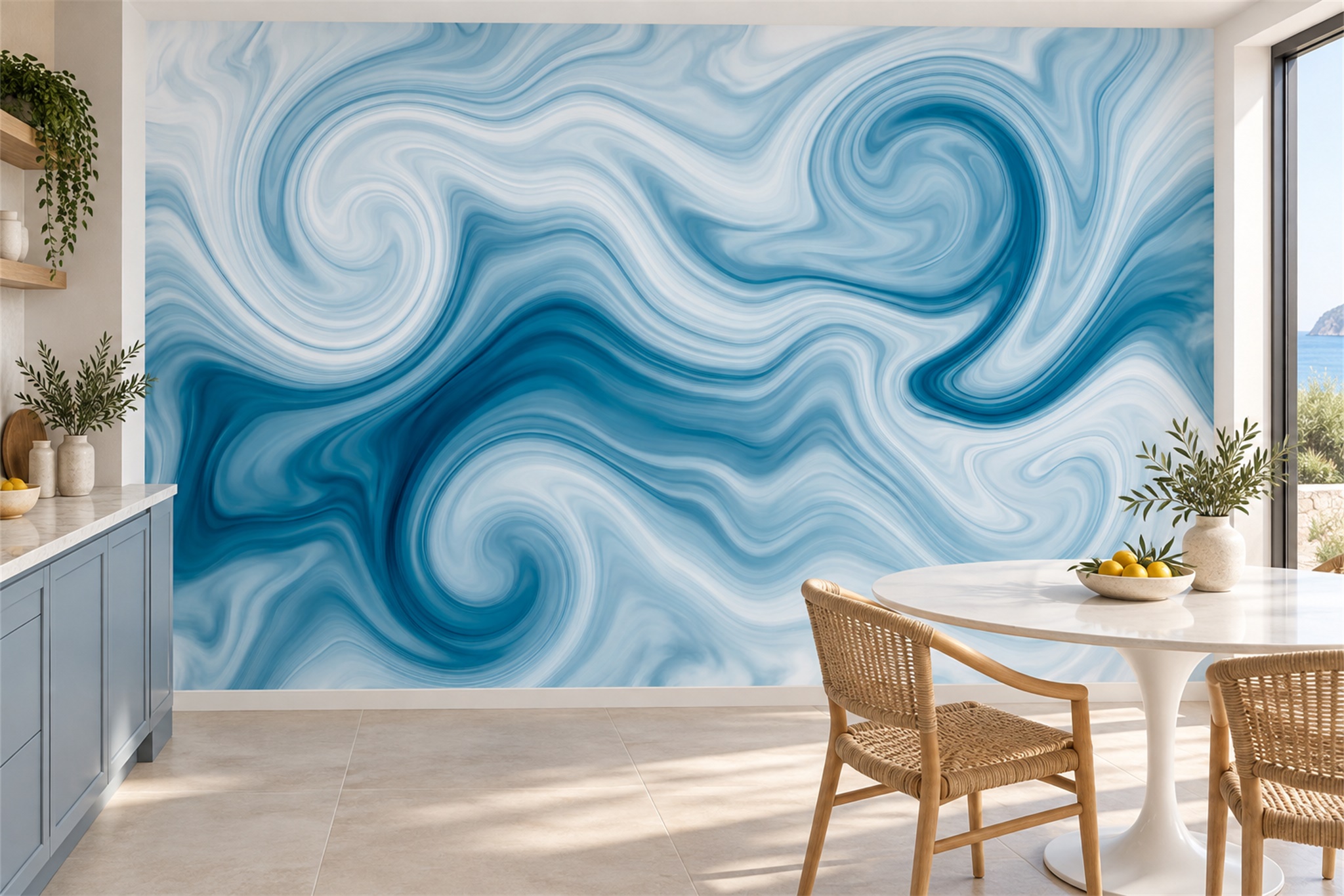 Aqua Swirl Artful Wallpaper Mural Dining-room-wallpaper-murals, Peel-and-stick Finish