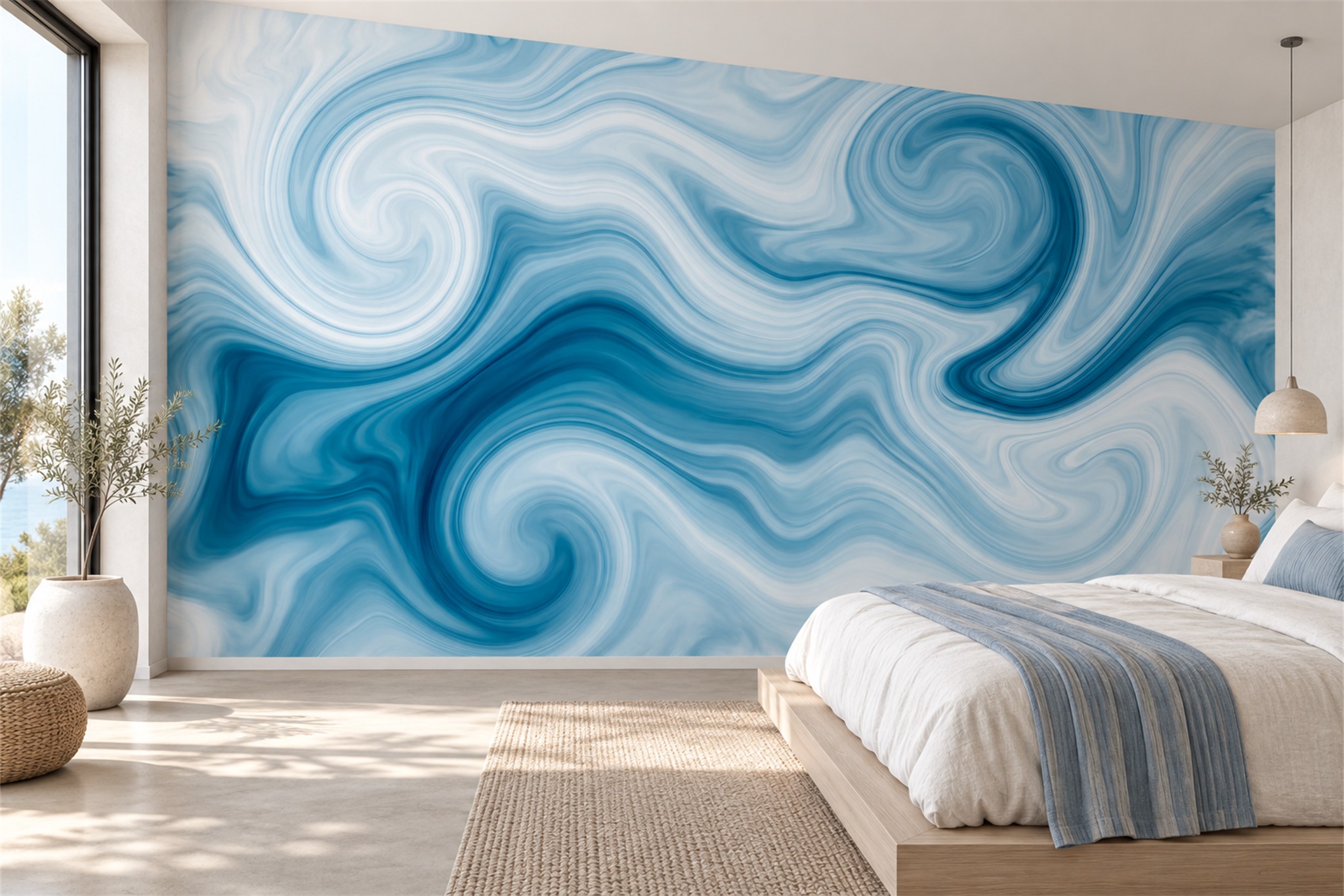 Aqua Swirl Artful Wallpaper Mural Bedroom-wallpaper-murals, Peel-and-stick Finish