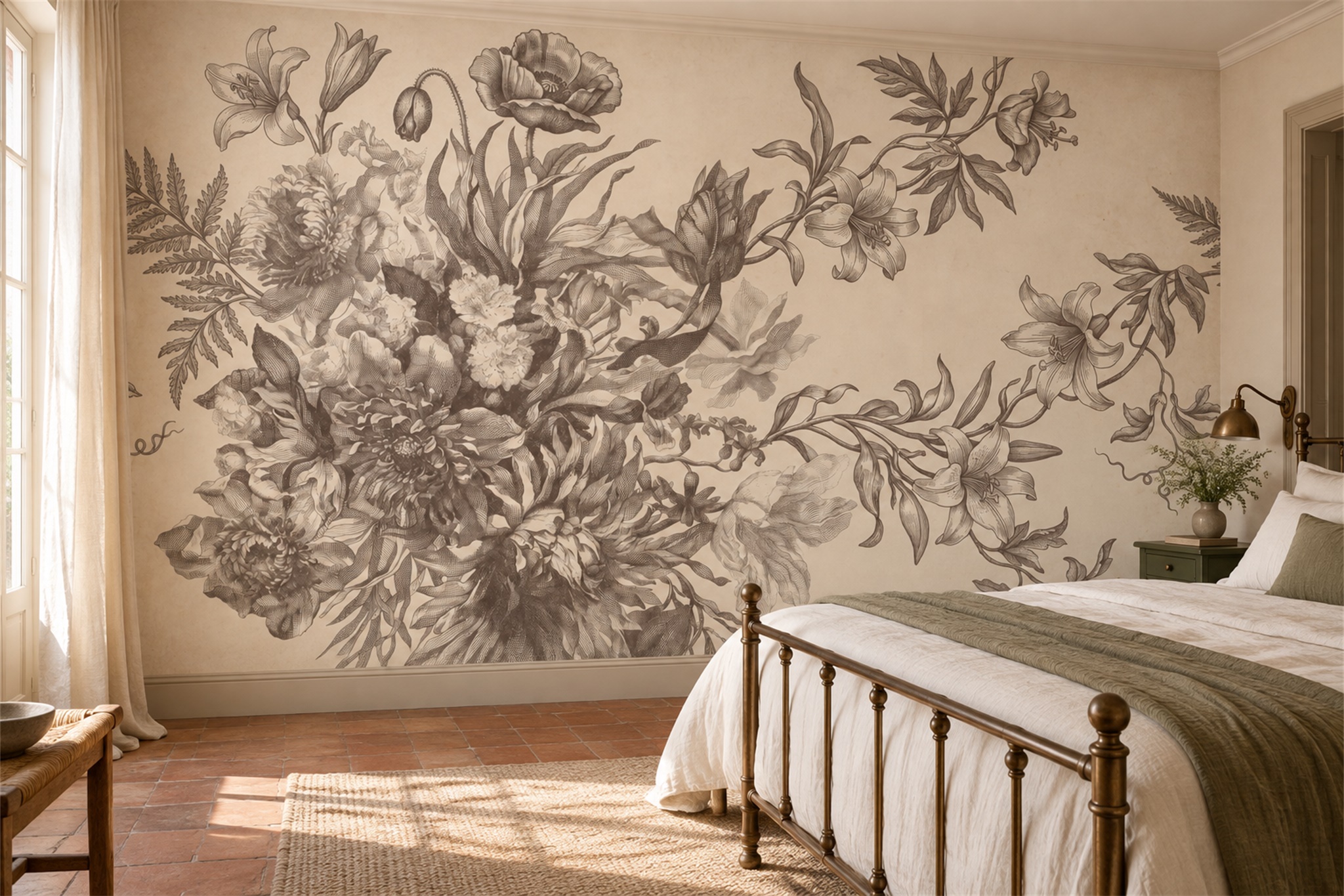 Taupe Floral Botanical Layered Wallpaper Mural Bedroom-wallpaper-murals, Peel-and-stick Finish