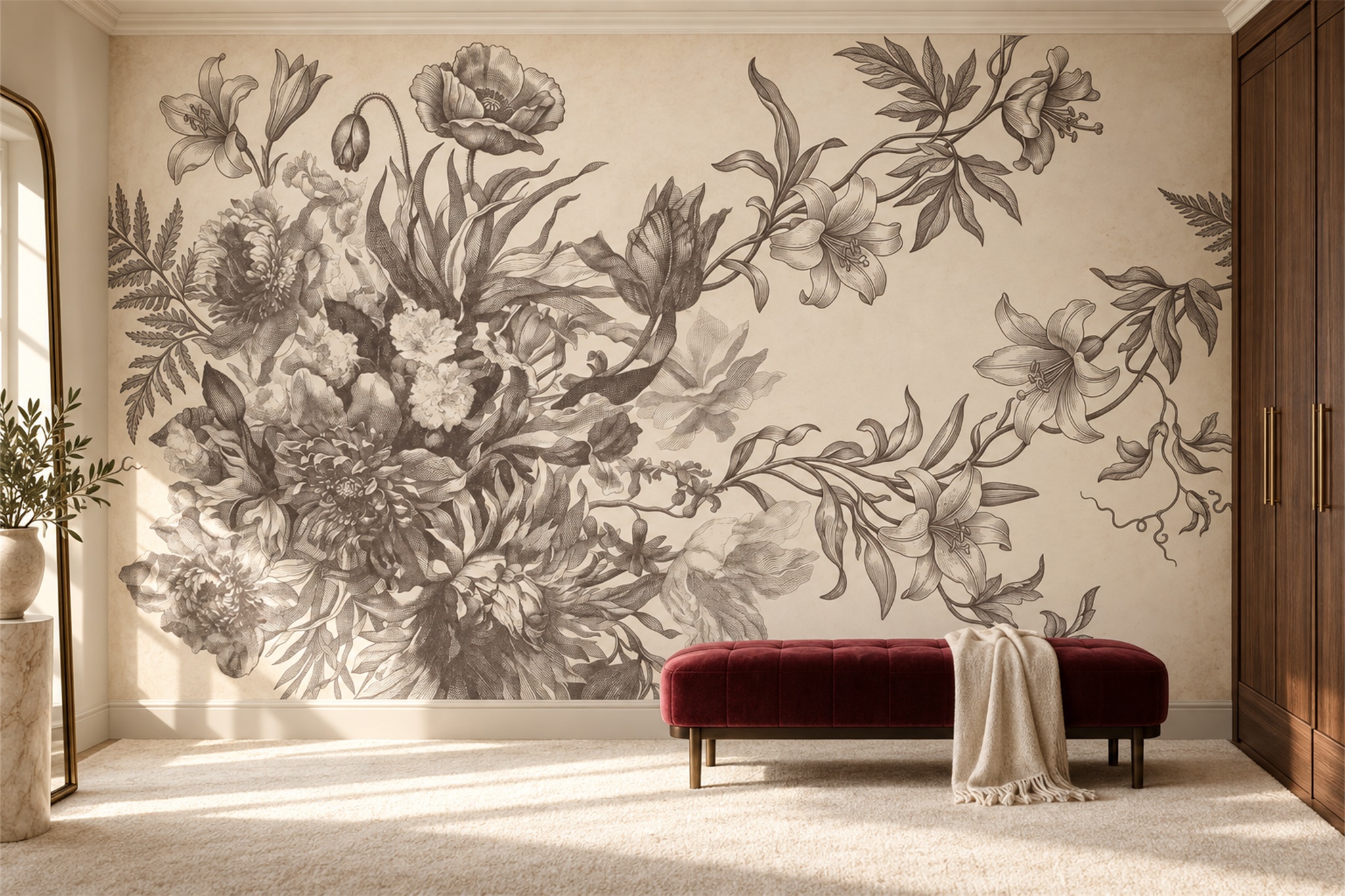 Taupe Botanical Branches And Garden Flowers Wallpaper Mural — Wallpaper Mural Design, Peel-and-stick Finish