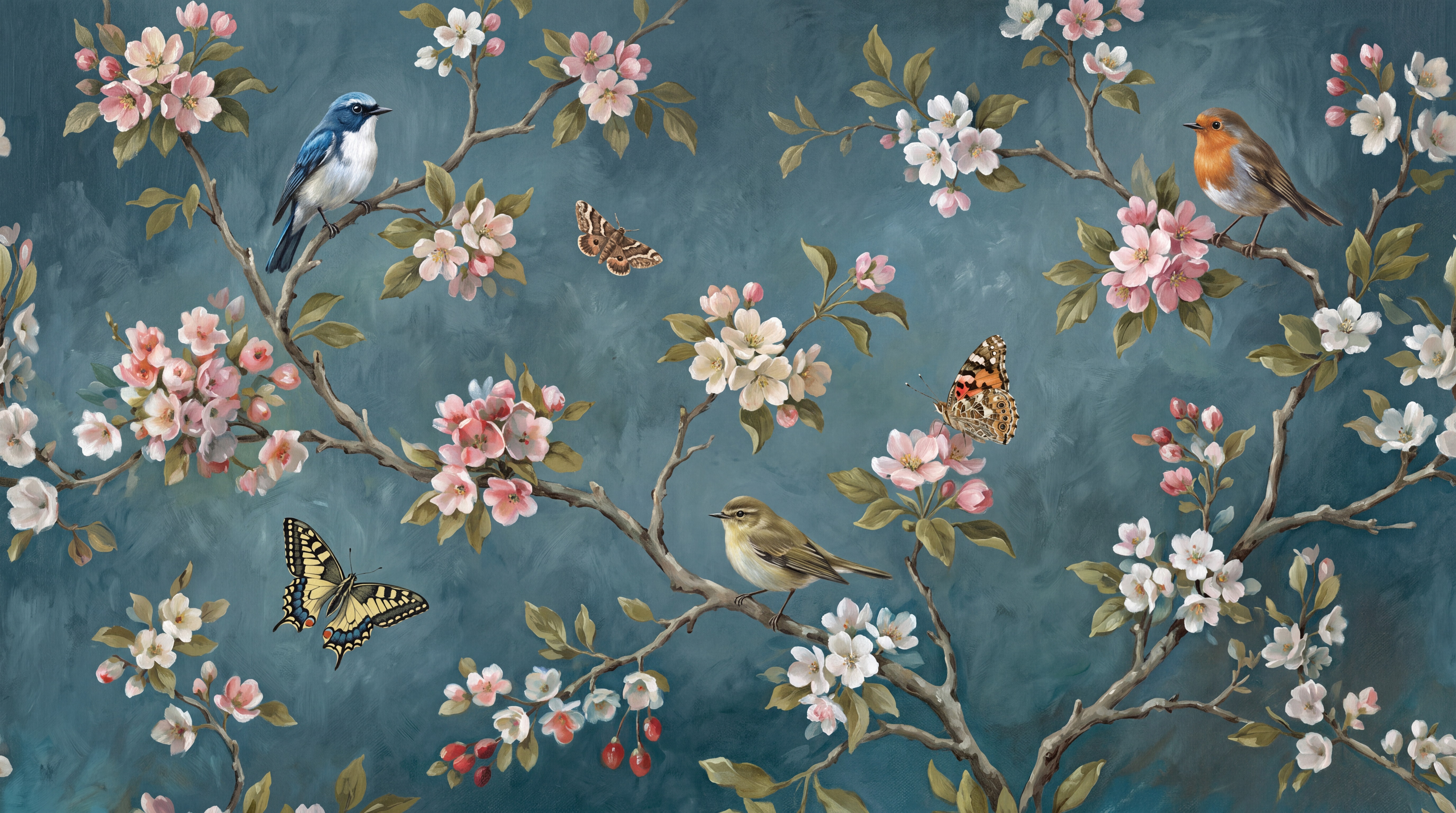 Teal Bird Illustrated Decorative Wallpaper Mural, Peel-and-stick Finish