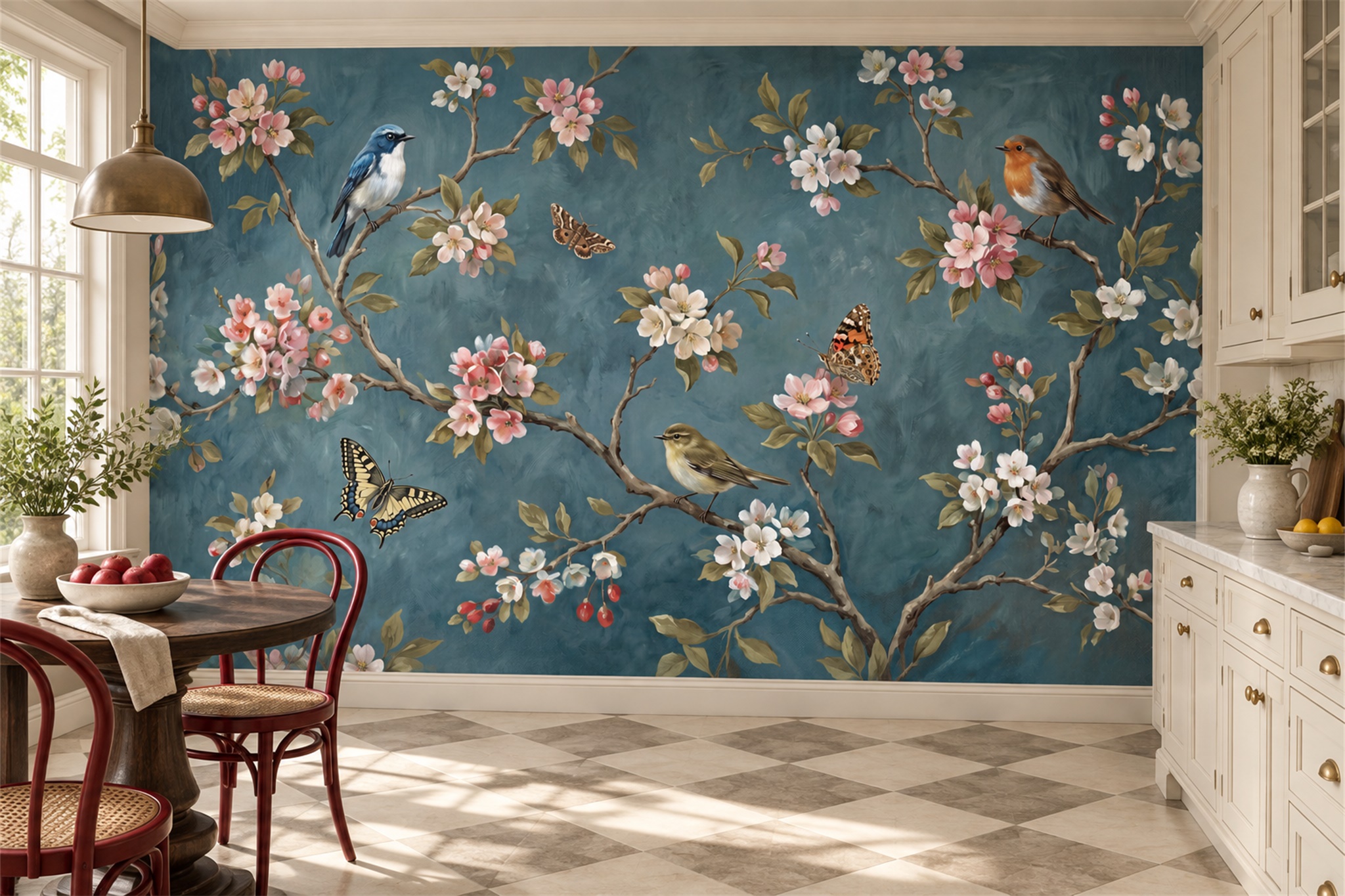 Teal Bird Illustrated Decorative Wallpaper Mural Dining-room-wallpaper-murals, Shown In A Dining Room, Peel-and-stick Finish