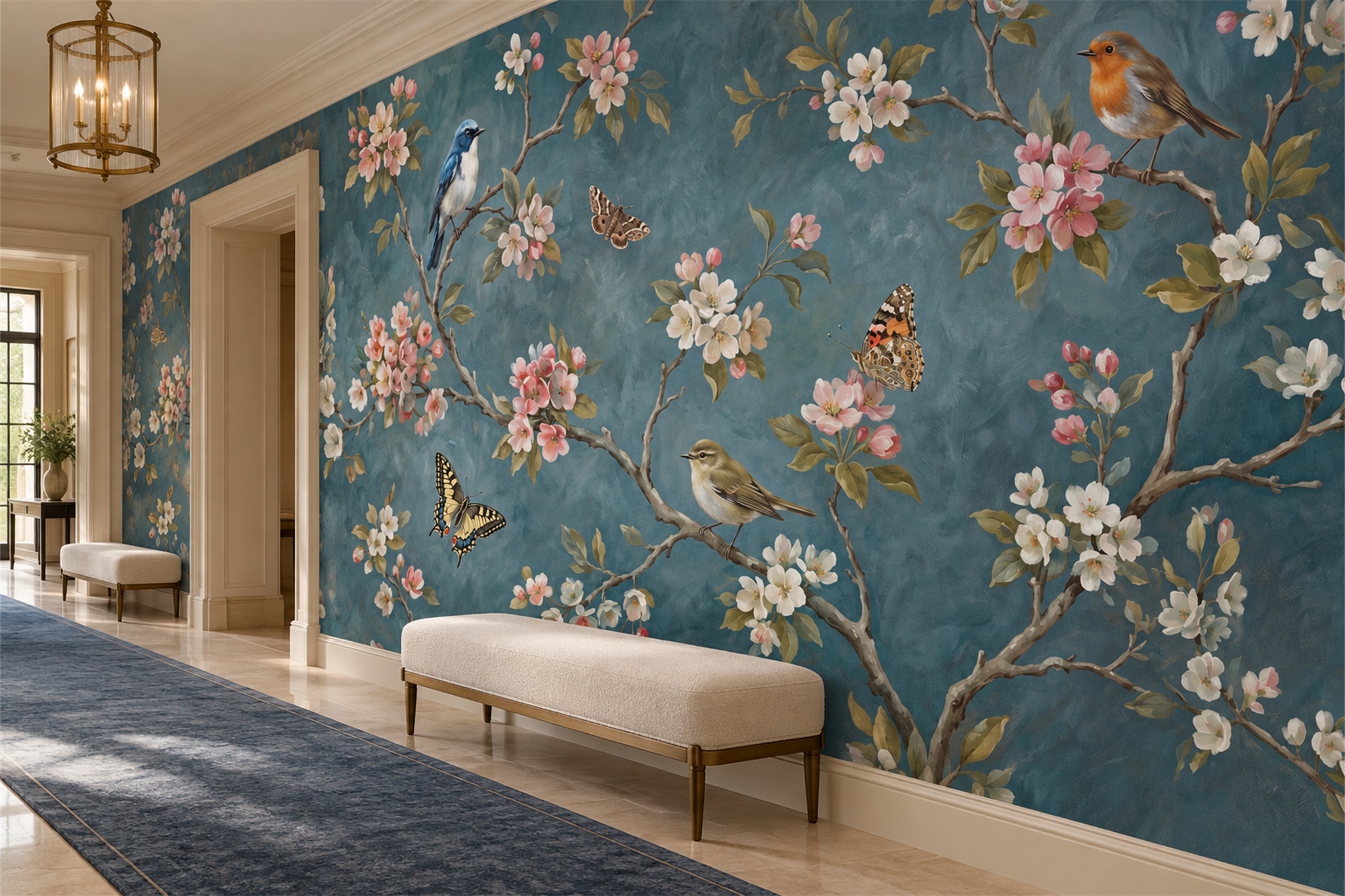Songbirds And Blossoming Branches On Teal Wallpaper Mural — Installed Wallpaper Mural In A Hallway, Peel-and-stick Finish