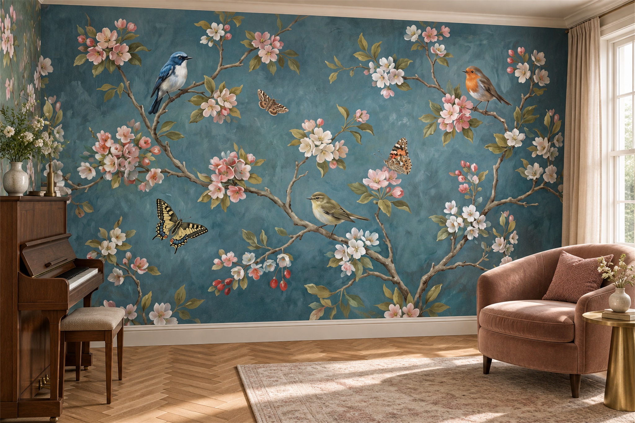 Teal Bird Illustrated Decorative Wallpaper Mural, Peel-and-stick Finish