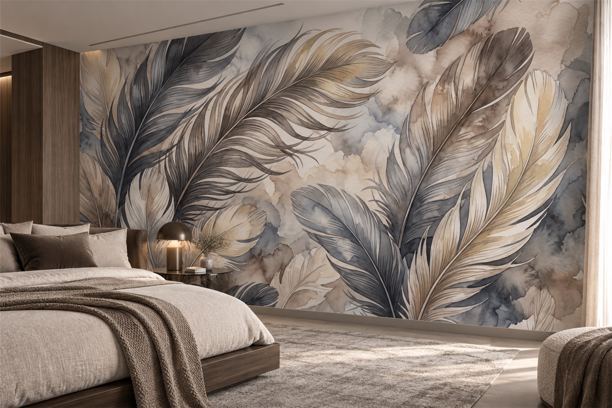 Taupe Pattern Decorative Wallpaper Mural Layered Forms Wallpaper Mural Bedroom-wallpaper-murals, Peel-and-stick Finish