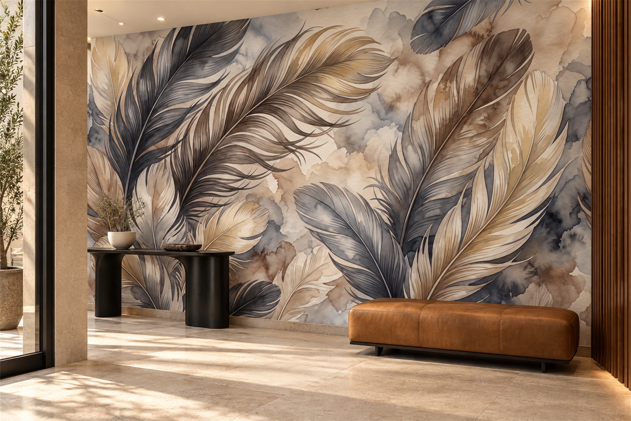 Taupe Pattern Decorative Wallpaper Mural Layered Forms Wallpaper Mural Entryway-wallpaper-murals, Peel-and-stick Finish