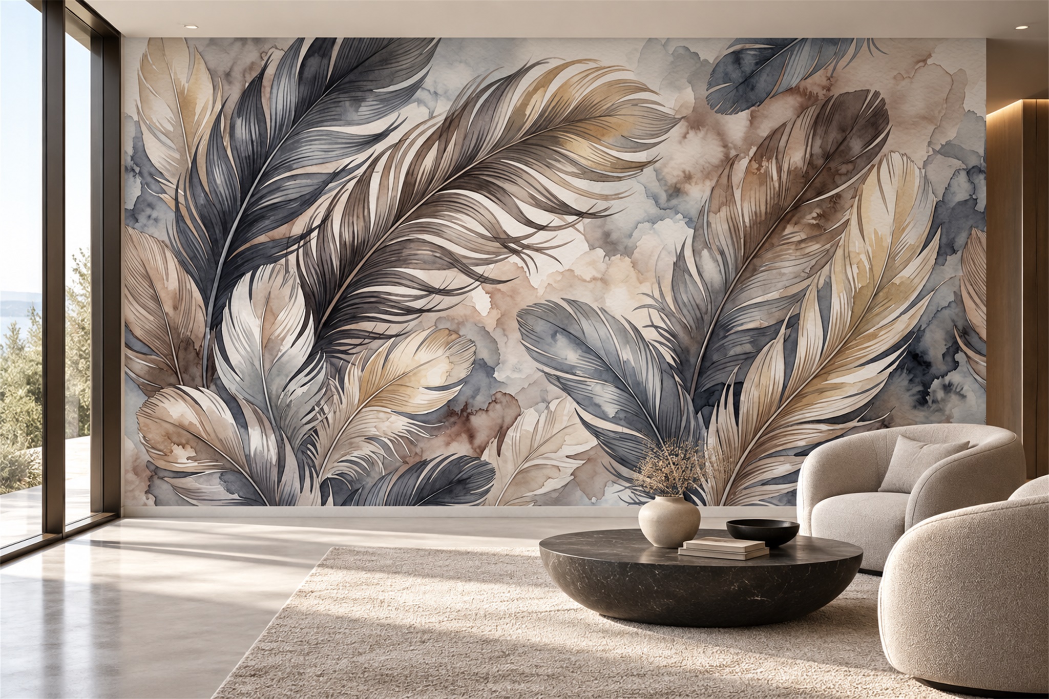 Oversized Neutral Feather Wallpaper Mural — Wallpaper Mural Design, Peel-and-stick Finish