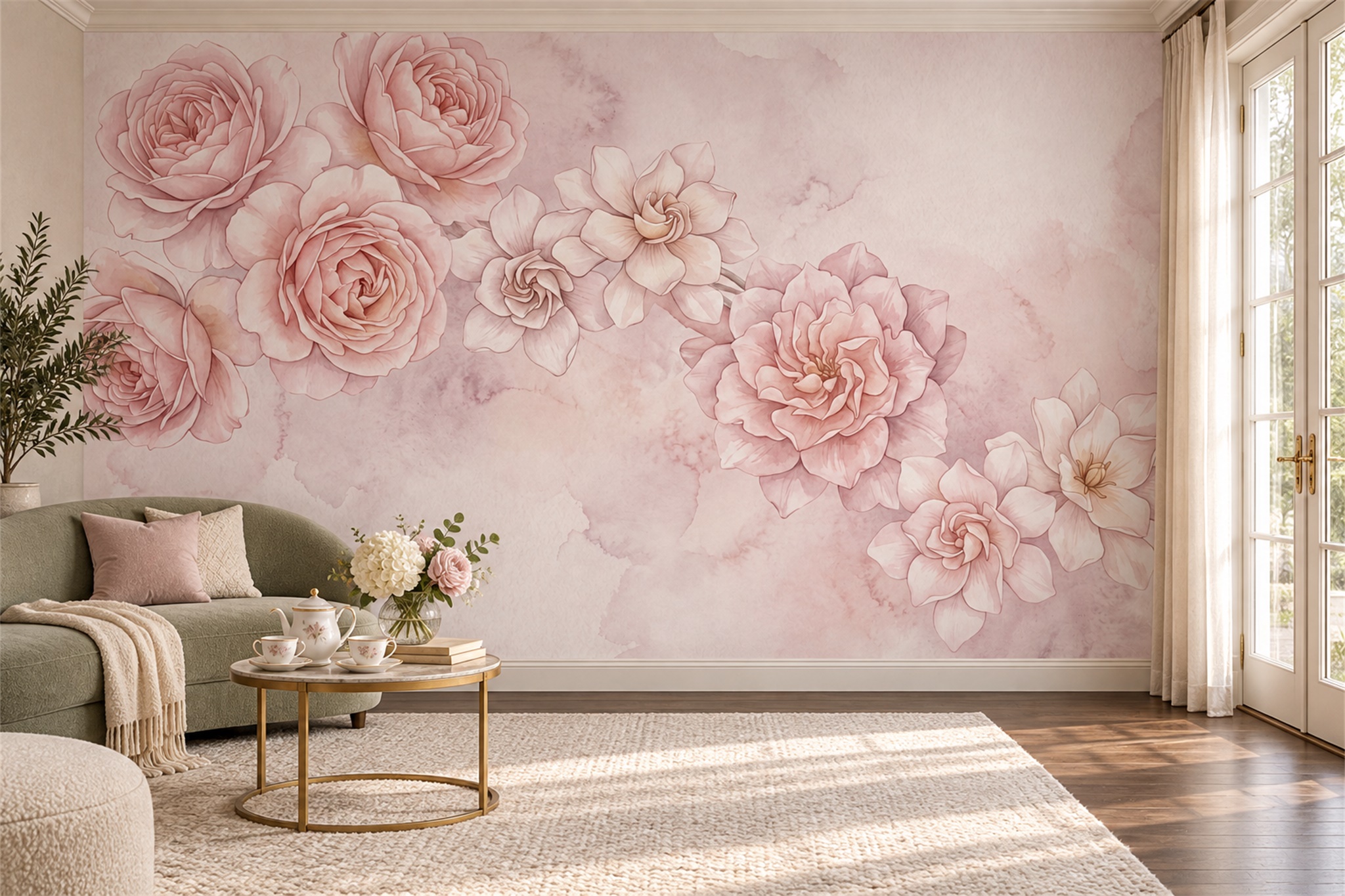Pink Vintage Artful Painterly Wallpaper Mural Accent-wall-wallpaper-murals, Peel-and-stick Finish